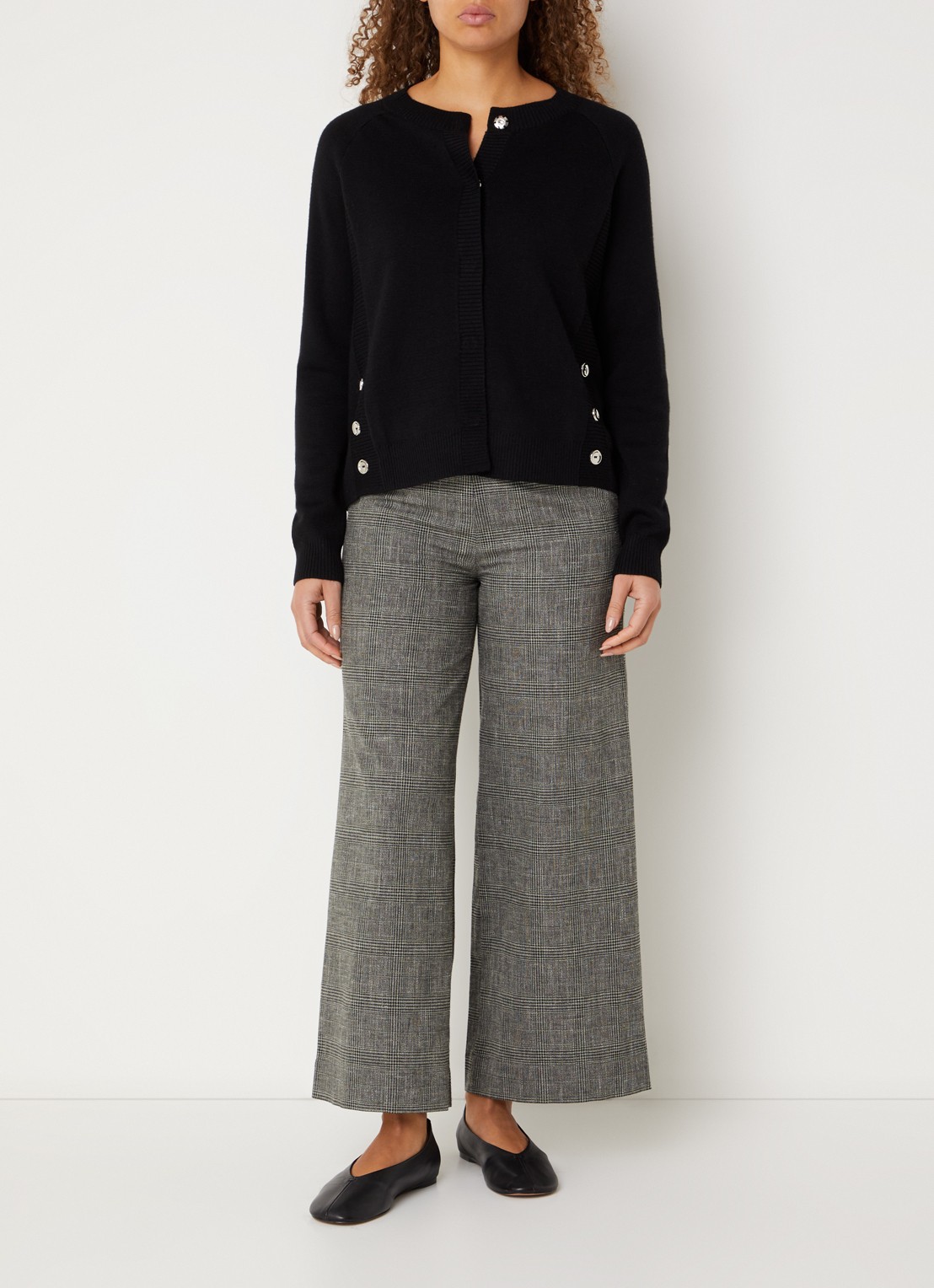 Benetton High waist straight fit pantalon in linnenblend met ruitdessin - voorkant 4 grijs