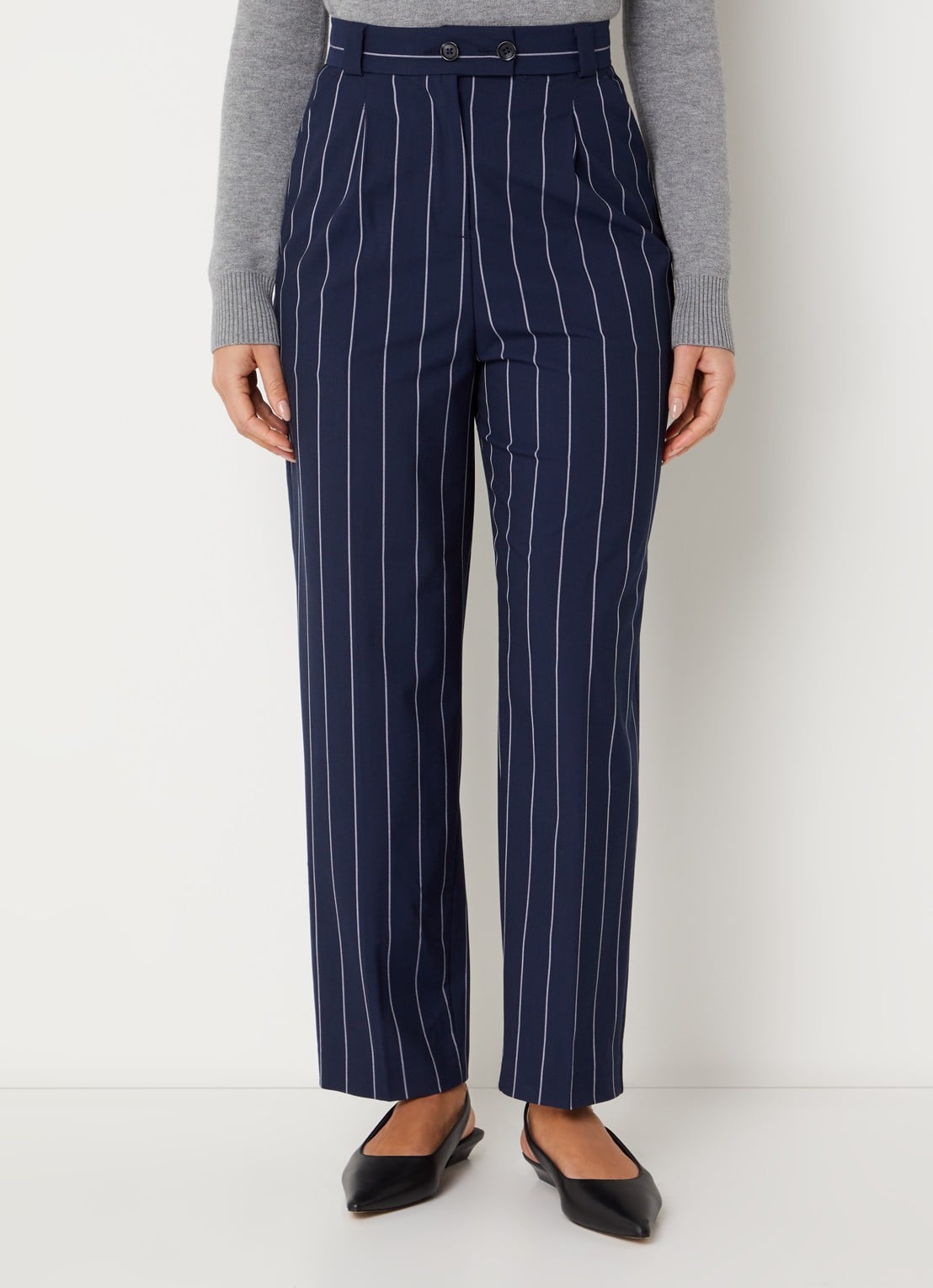 Benetton High waist straight fit pantalon met streepprint - detail 4 donkerblauw