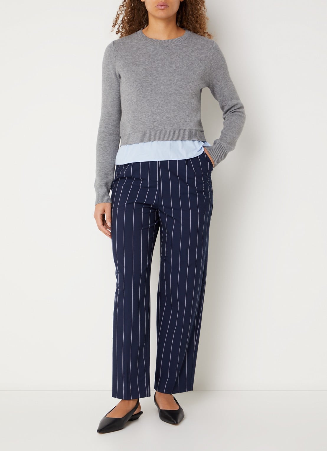 Benetton High waist straight fit pantalon met streepprint - voorkant 2 donkerblauw