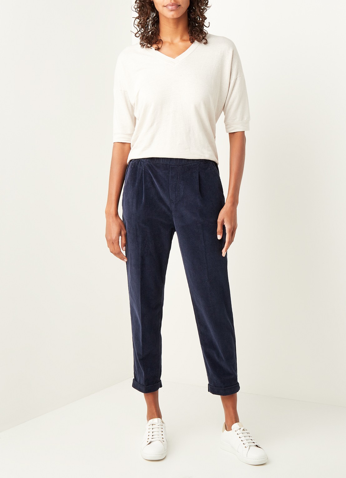 Benetton High waist tapered cropped pantalon van corduroy - voorkant 6 donkerblauw