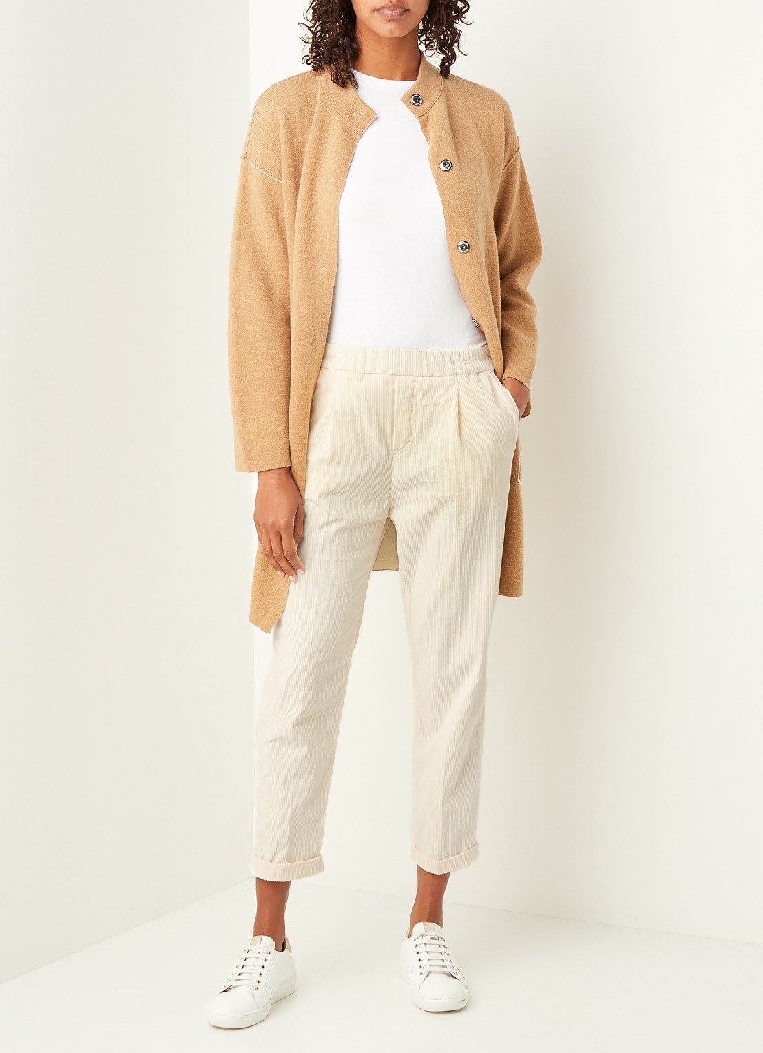 Benetton High waist tapered cropped pantalon van corduroy - voorkant 2 creme