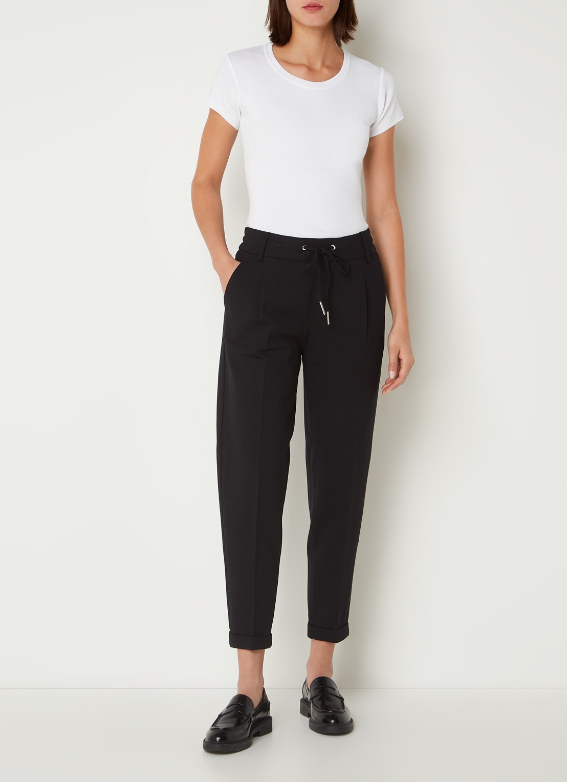 Benetton High waist tapered fit cropped pantalon met trekkoord - voorkant 3 zwart