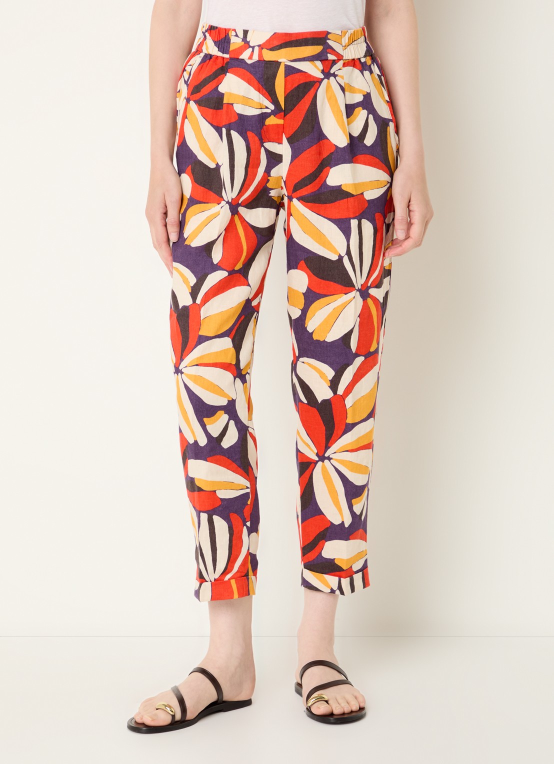Benetton High waist tapered fit joggingbroek van linnen met print - detail 3 oranje