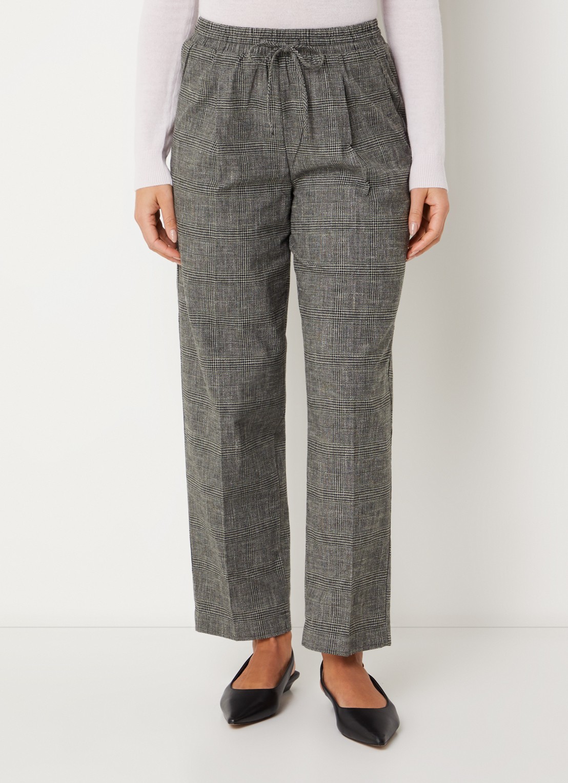 Benetton High waist tapered fit pantalon in linnenblend met ruitdessin - detail 3 grijs