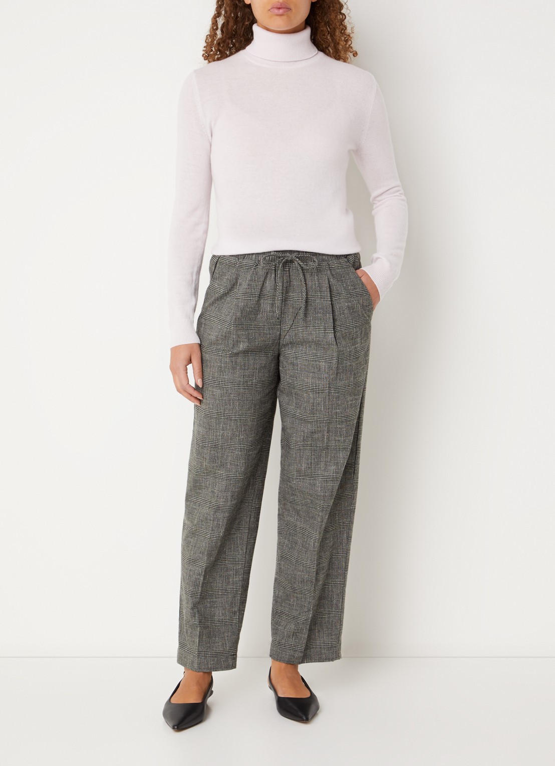 Benetton High waist tapered fit pantalon in linnenblend met ruitdessin - voorkant 2 grijs