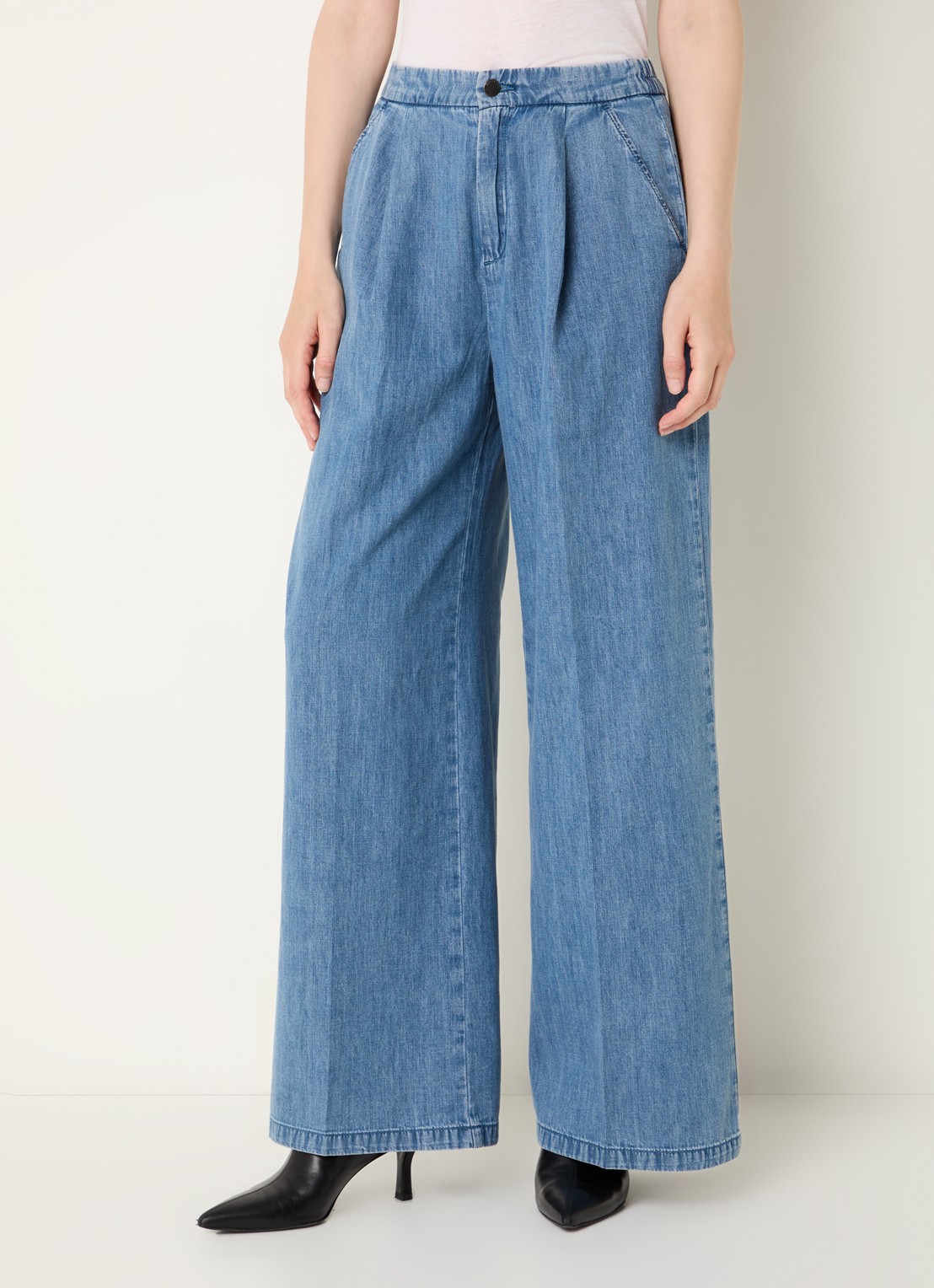 Benetton High waist wide fit broek van chambray met plooidetail - detail 4 indigo