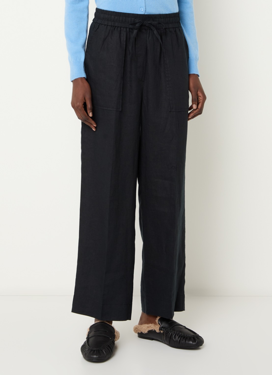 Benetton High waist wide fit broek van linnen met steekzakken - detail 4 zwart