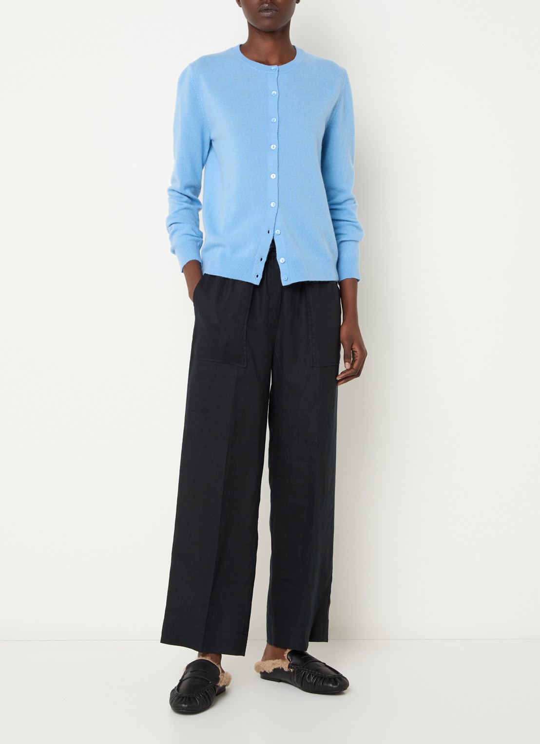 Benetton High waist wide fit broek van linnen met steekzakken - voorkant 3 zwart