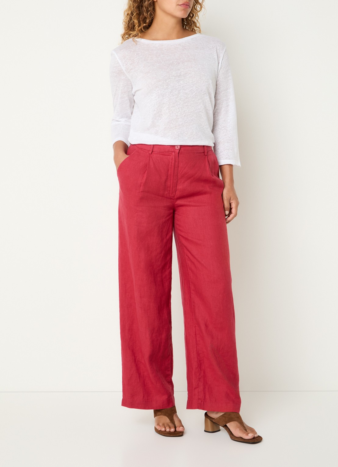 Benetton High waist wide fit chino van linnen met steekzakken - voorkant 2 rood