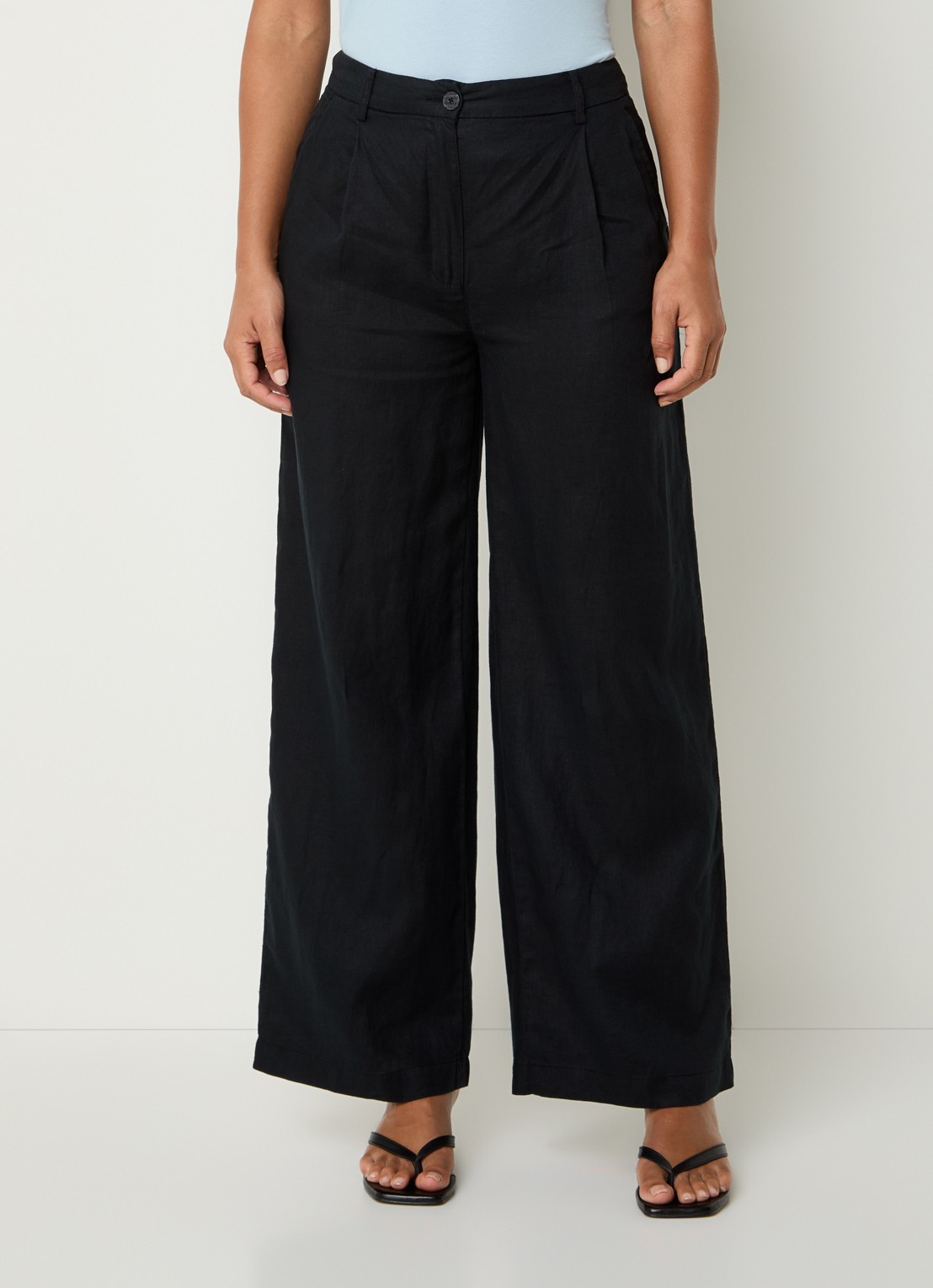 Benetton High waist wide fit chino van linnen met steekzakken - detail 3 zwart
