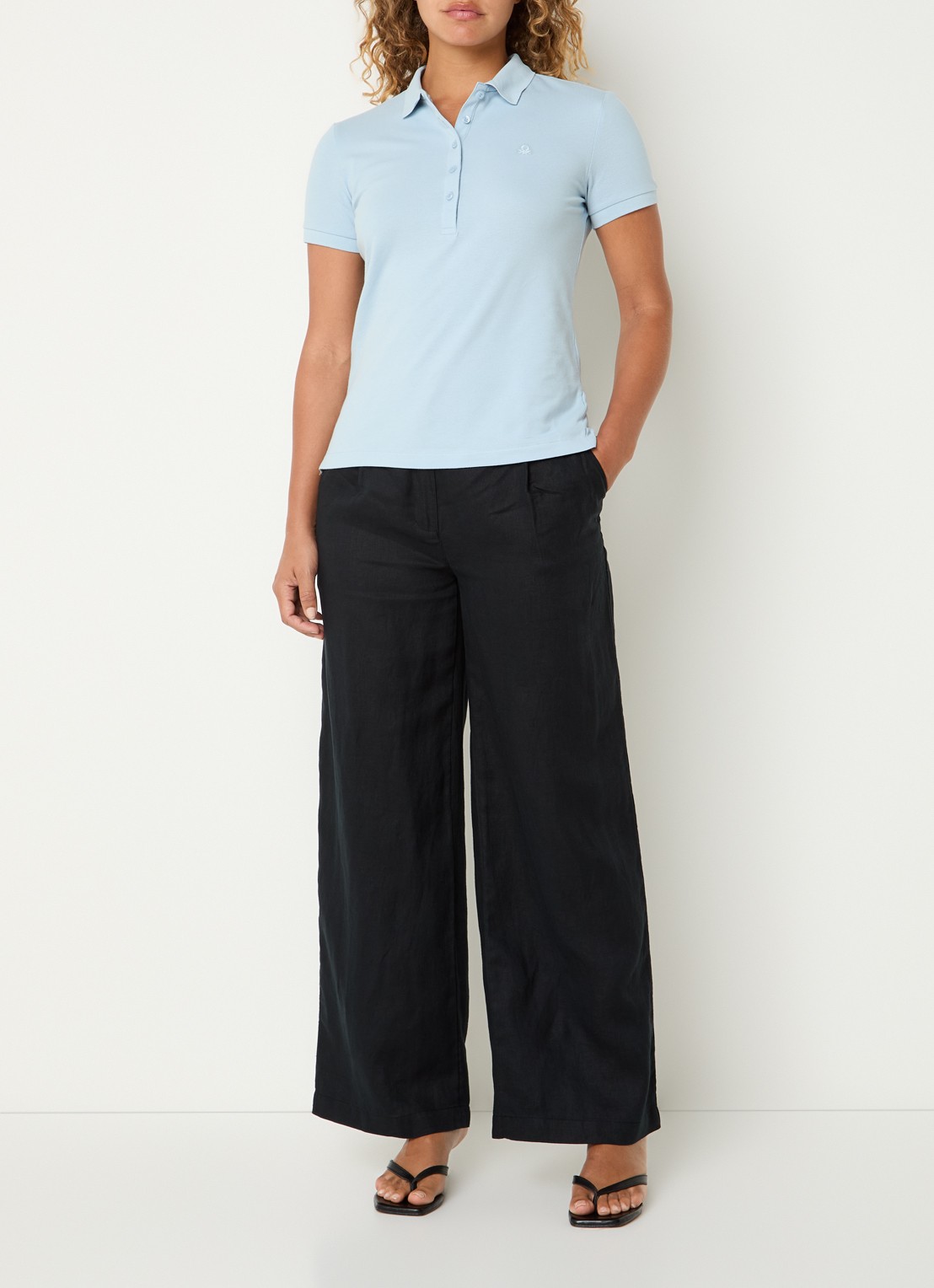 Benetton High waist wide fit chino van linnen met steekzakken - voorkant 2 zwart