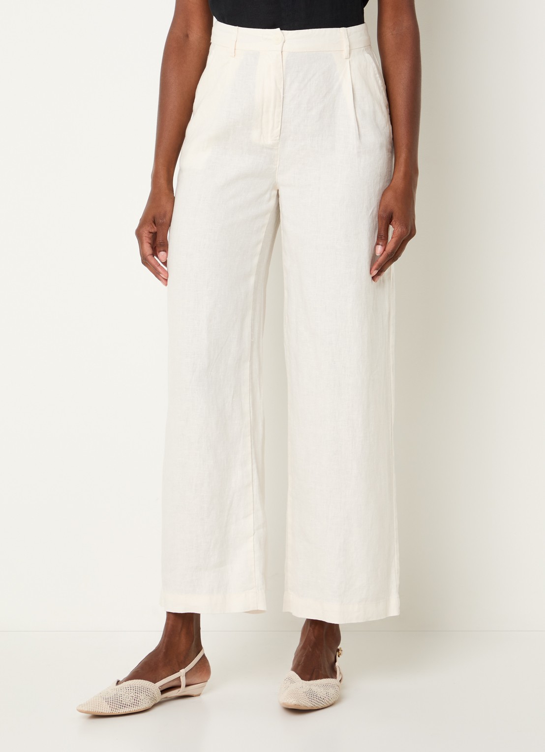 Benetton High waist wide fit chino van linnen met steekzakken - detail creme