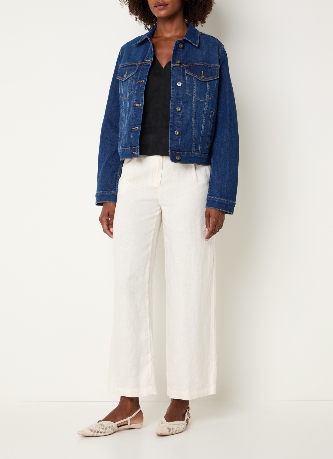 Benetton High waist wide fit chino van linnen met steekzakken - voorkant 4 creme