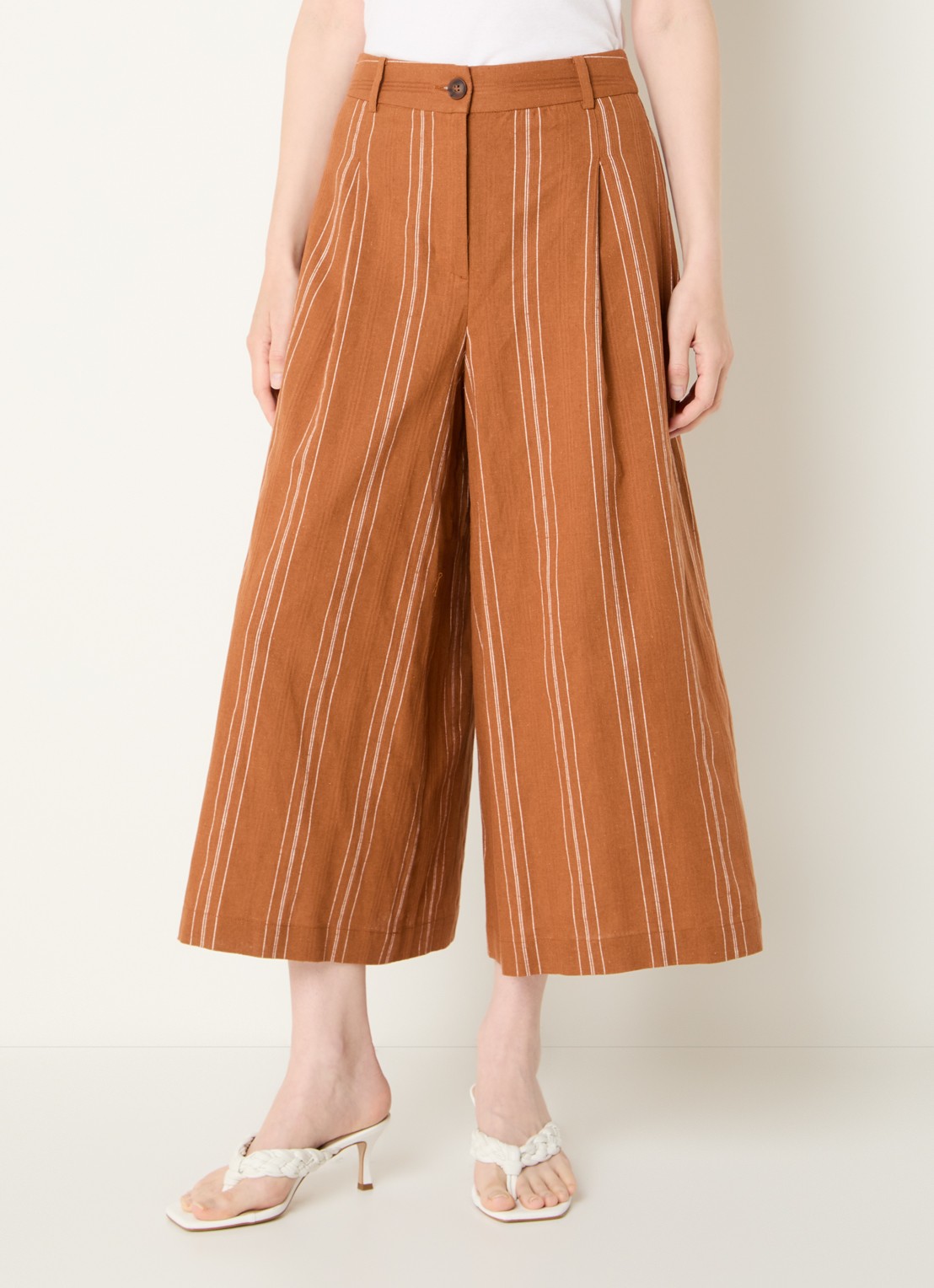 Benetton High waist wide fit cropped pantalon in linnenblend - detail 2 roestbruin