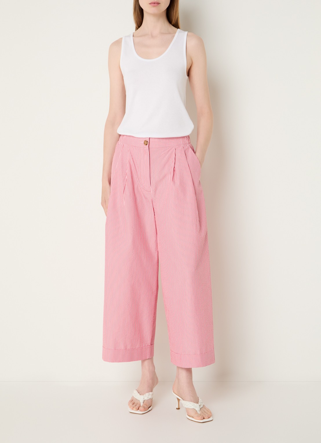 Benetton High waist wide fit cropped pantalon met steekzakken - voorkant 3 koraalroze