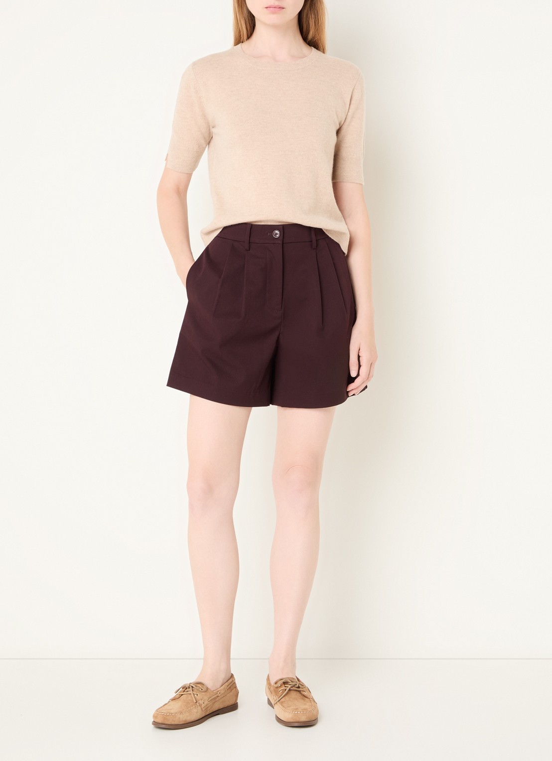Benetton High waist wide fit korte broek met steekzakken - voorkant 3 aubergine