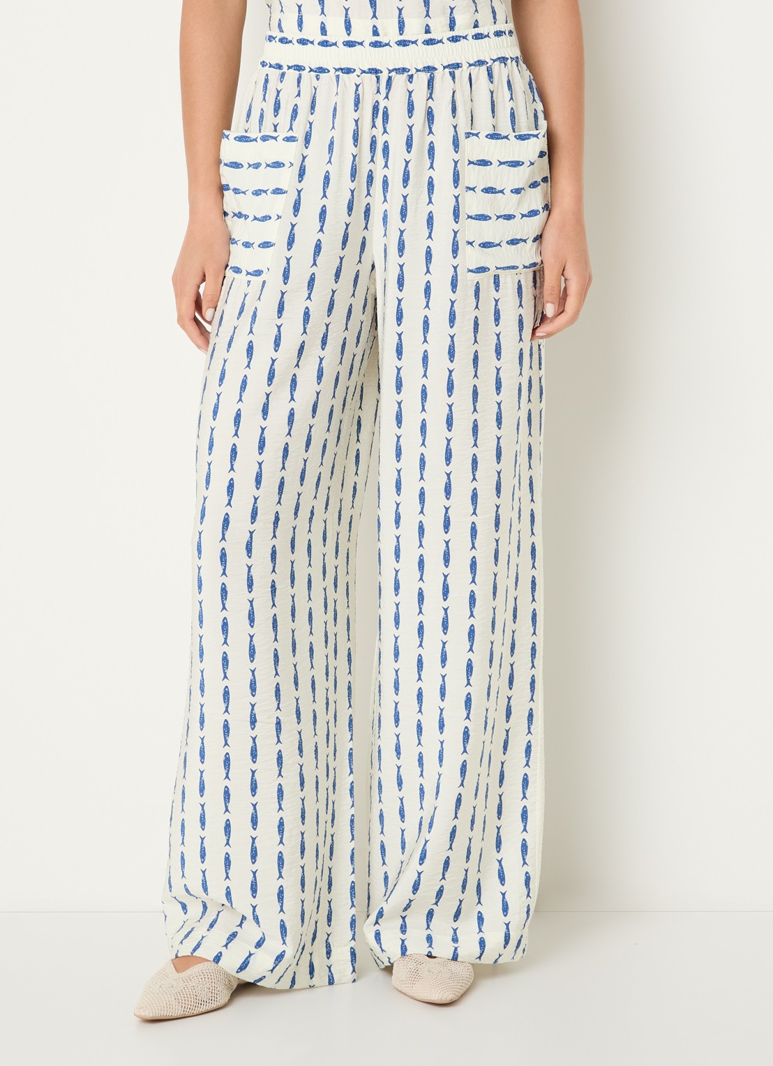Benetton High waist wide fit pantalon met print - detail indigo