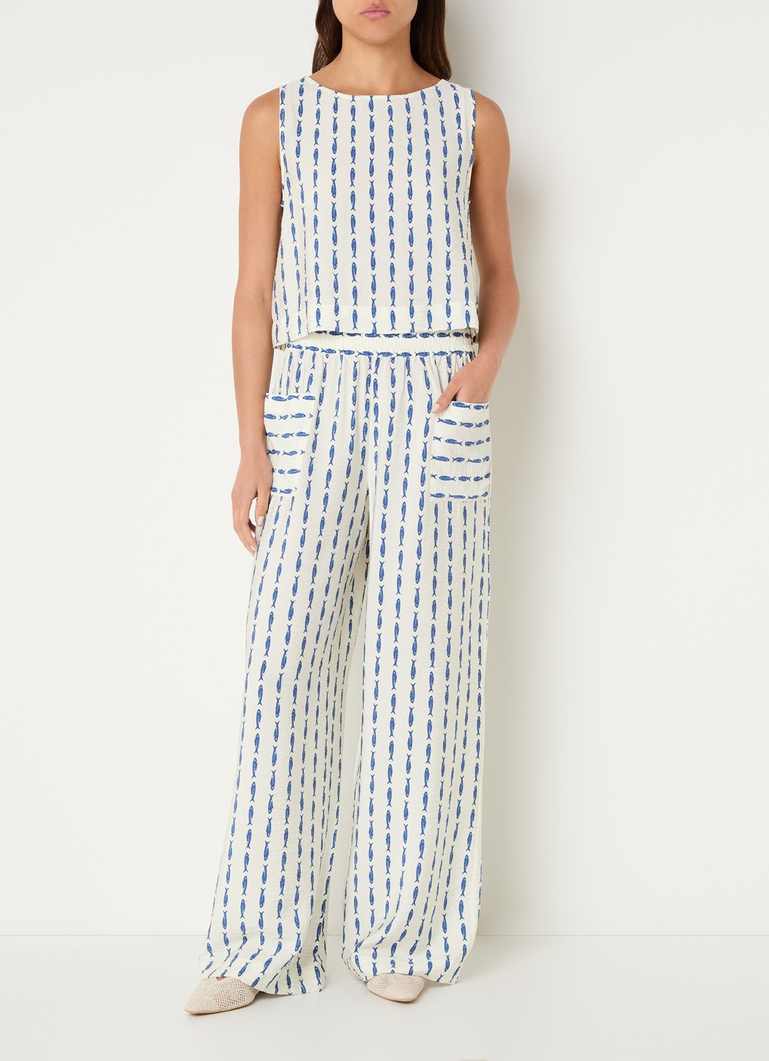 Benetton High waist wide fit pantalon met print - voorkant 4 indigo