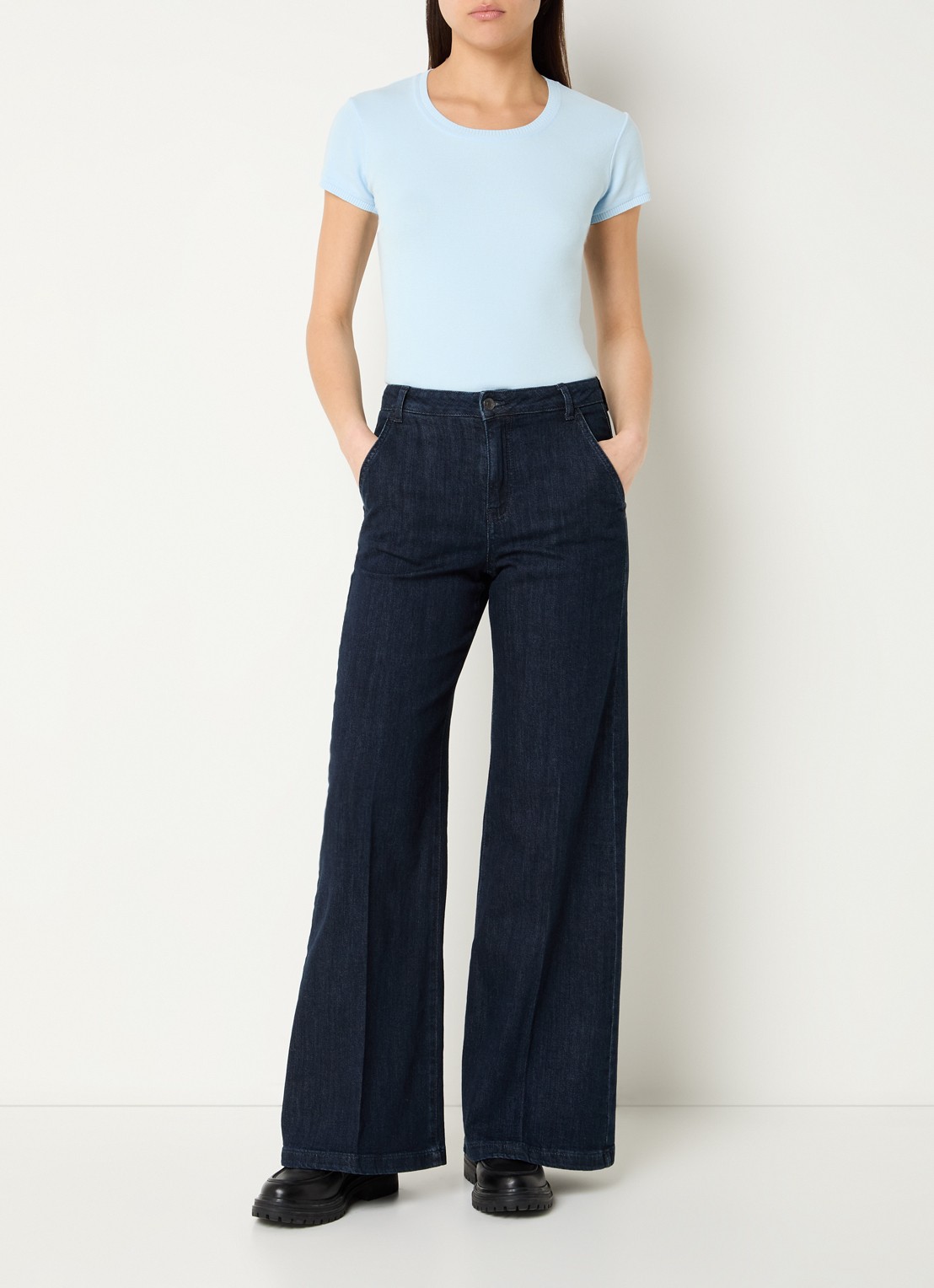 Benetton High waist wide fit pantalon met steekzakken - voorkant 2 donkerblauw