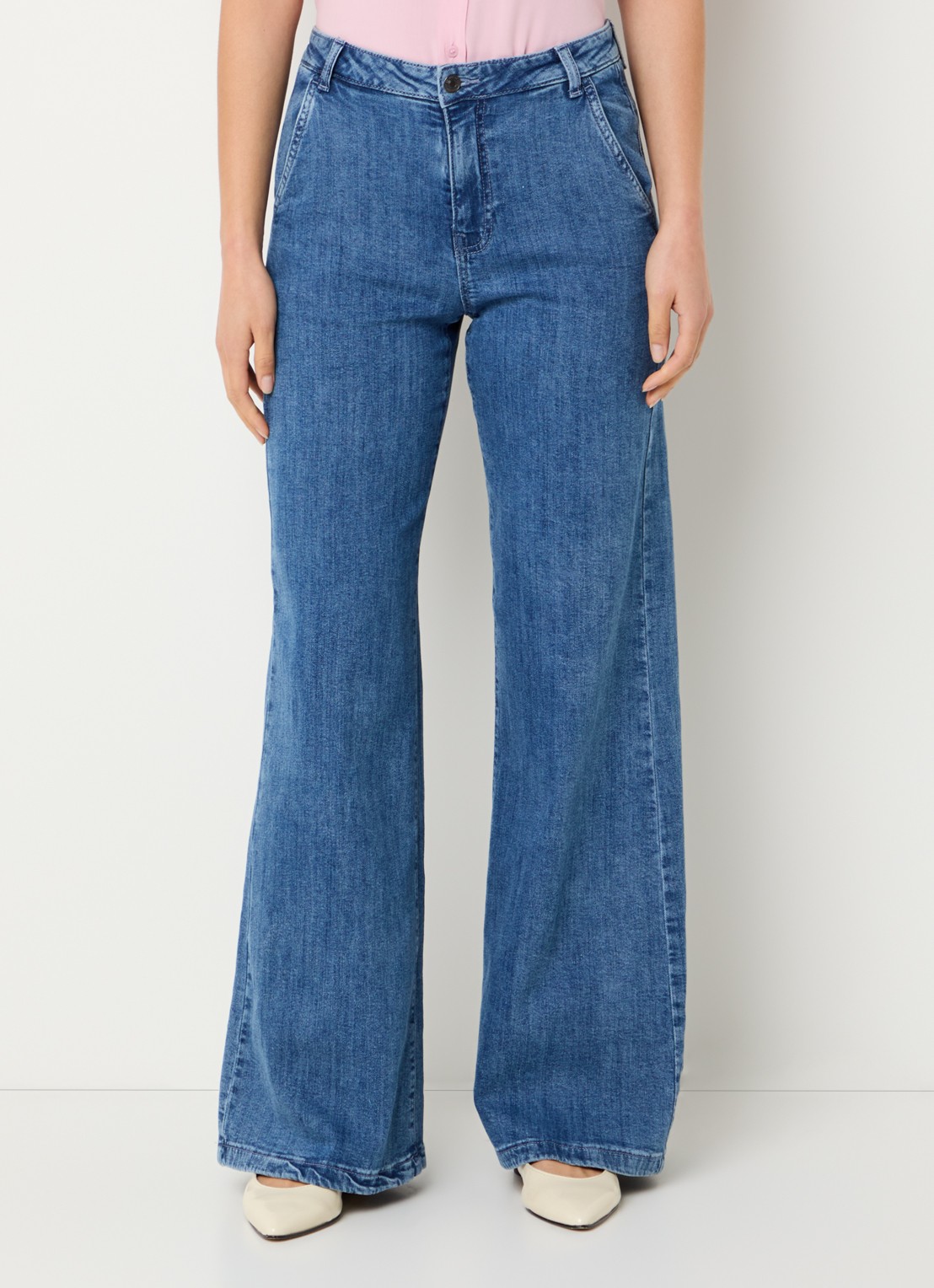 Benetton High waist wide fit pantalon met steekzakken - detail 4 lichtblauw