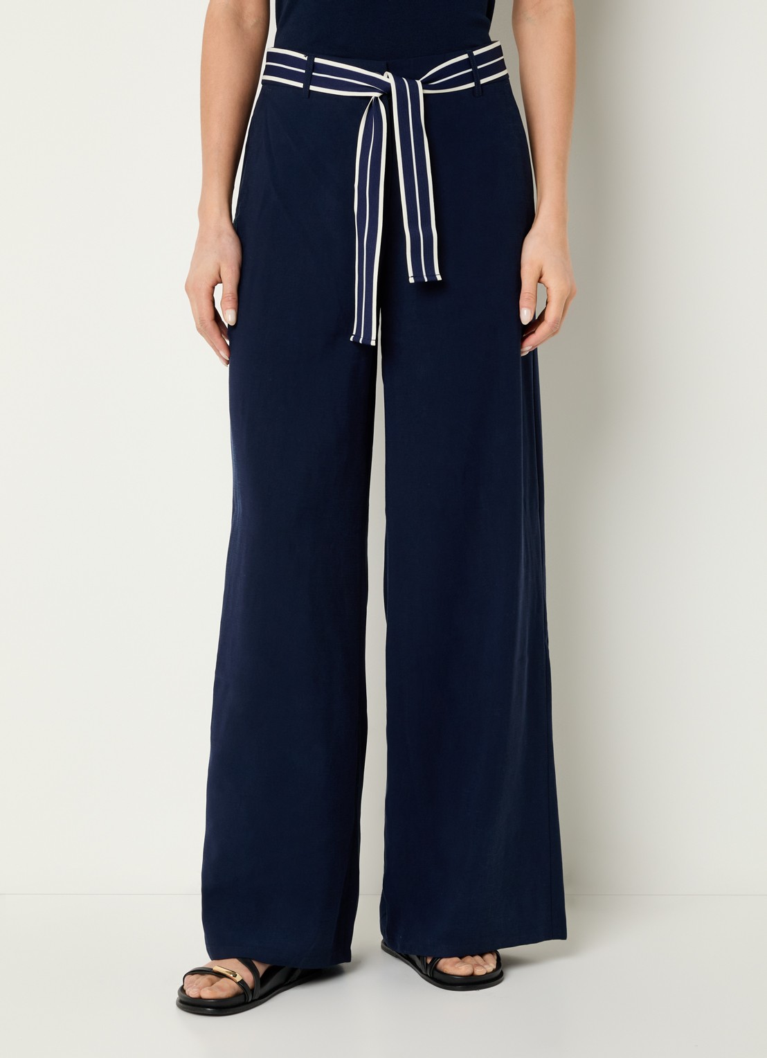 Benetton High waist wide fit pantalon met strickceintuur - detail 3 blauw