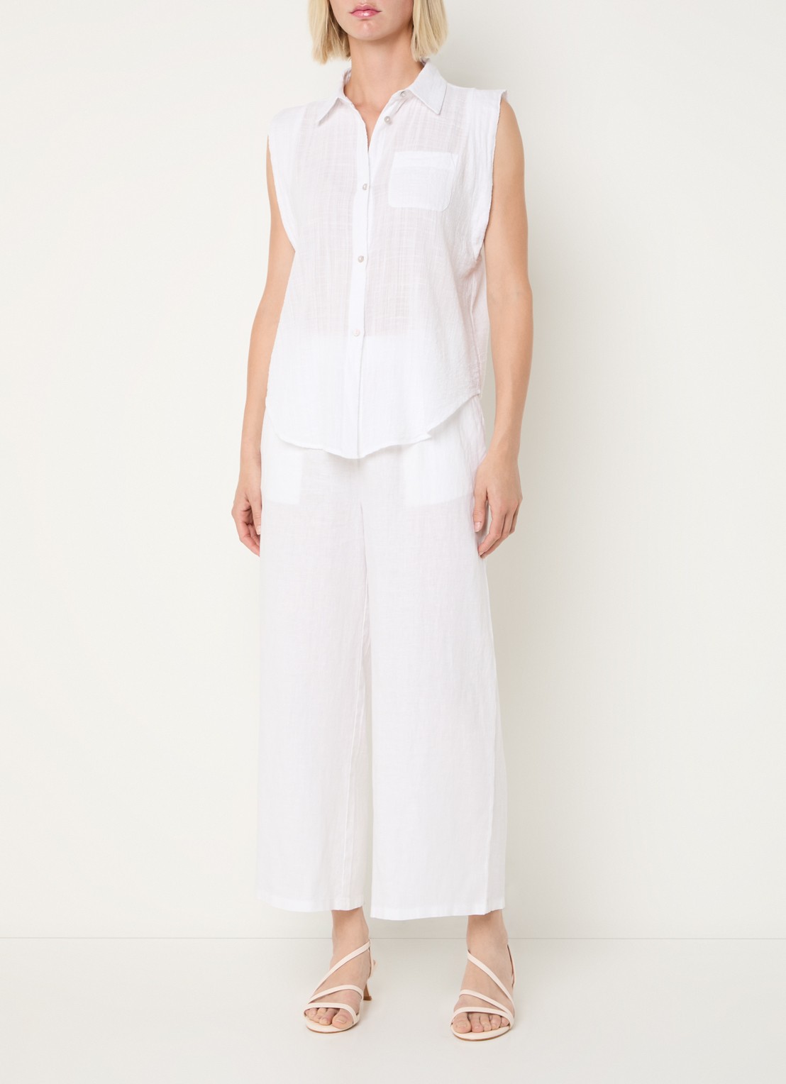Benetton High waist wide fit pantalon van linnen - voorkant 4 gebroken wit