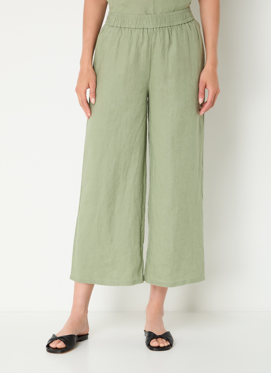 Benetton High waist wide fit pantalon van linnen - detail 4 groen