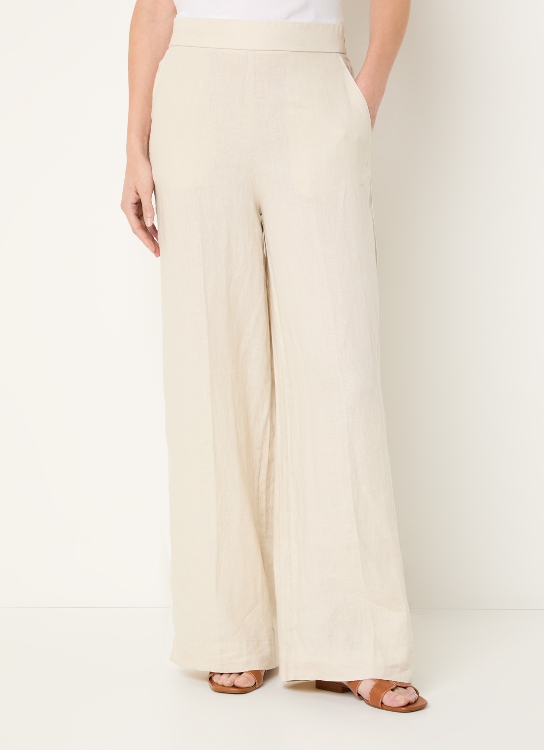 Benetton High waist wide fit pantalon van linnen - detail 3 beige