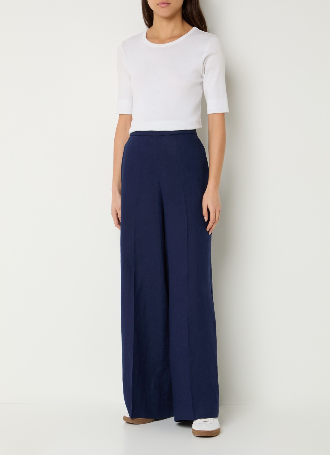 Benetton High waist wide fit pantalon van linnen - voorkant 2 royalblauw