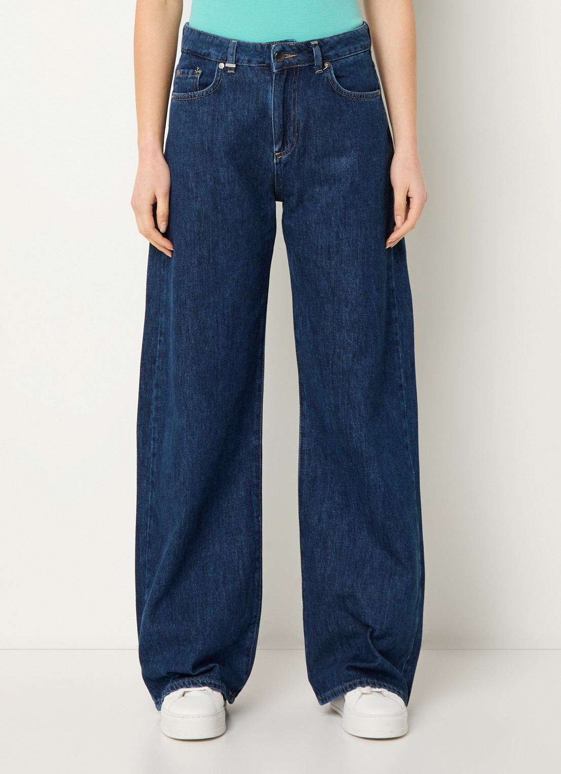 Benetton High waist wide leg jeans met donkere wassing - detail 3 indigo