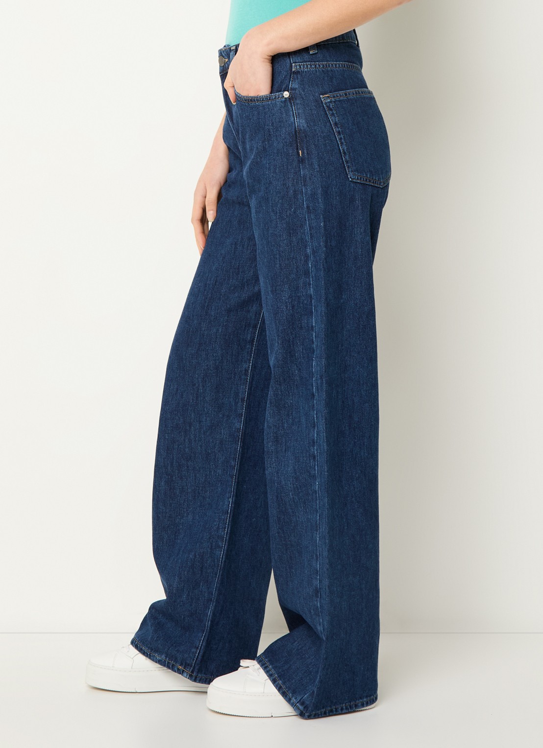 Benetton High waist wide leg jeans met donkere wassing - detail 4 indigo