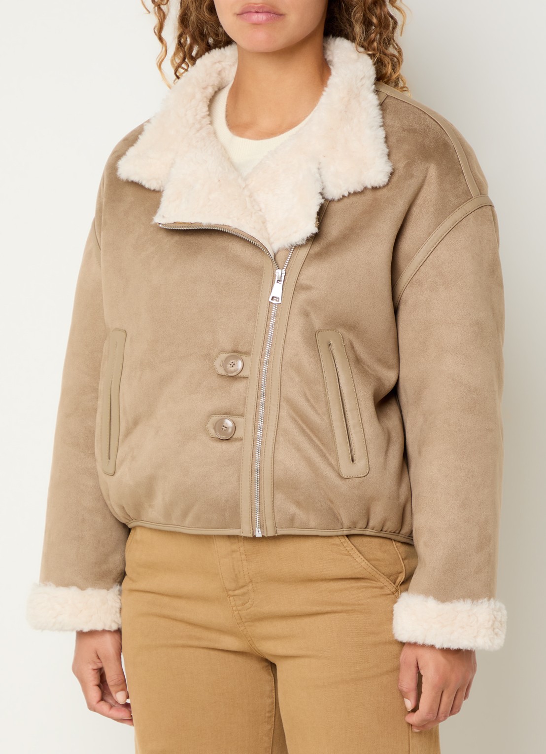 Benetton Jack van imitatiesuède met imitatiebontkraag - detail 2 beige