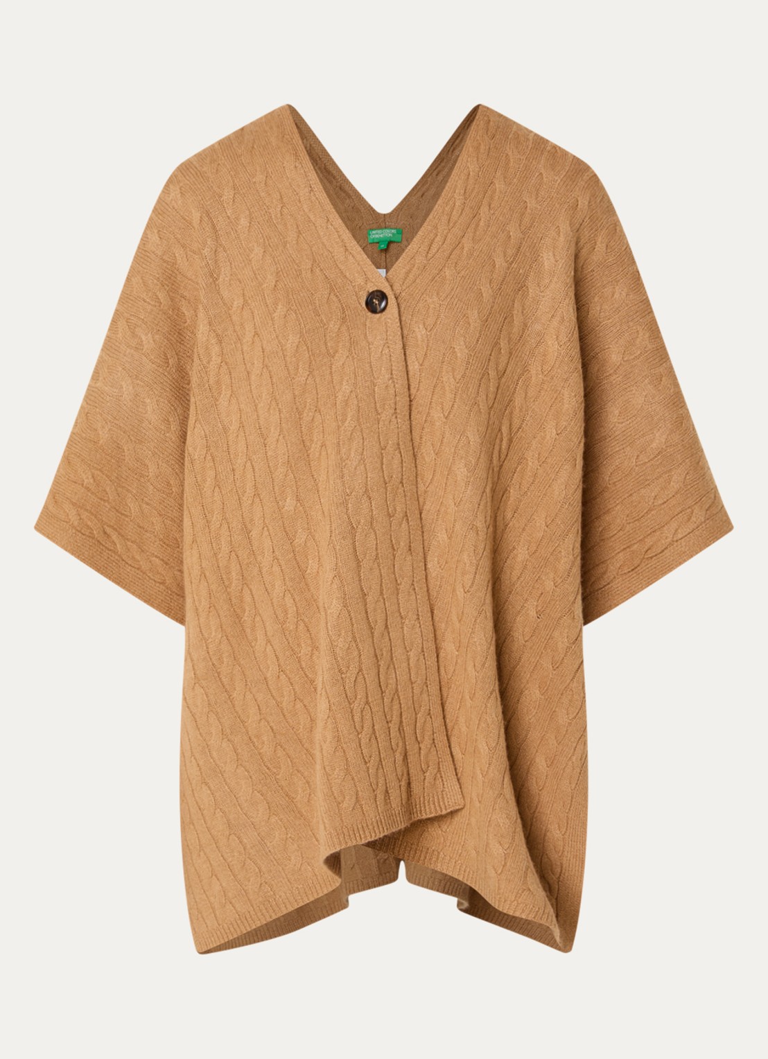Benetton Kabelgebreide cape in kasjmierblend - voorkant 2 camel