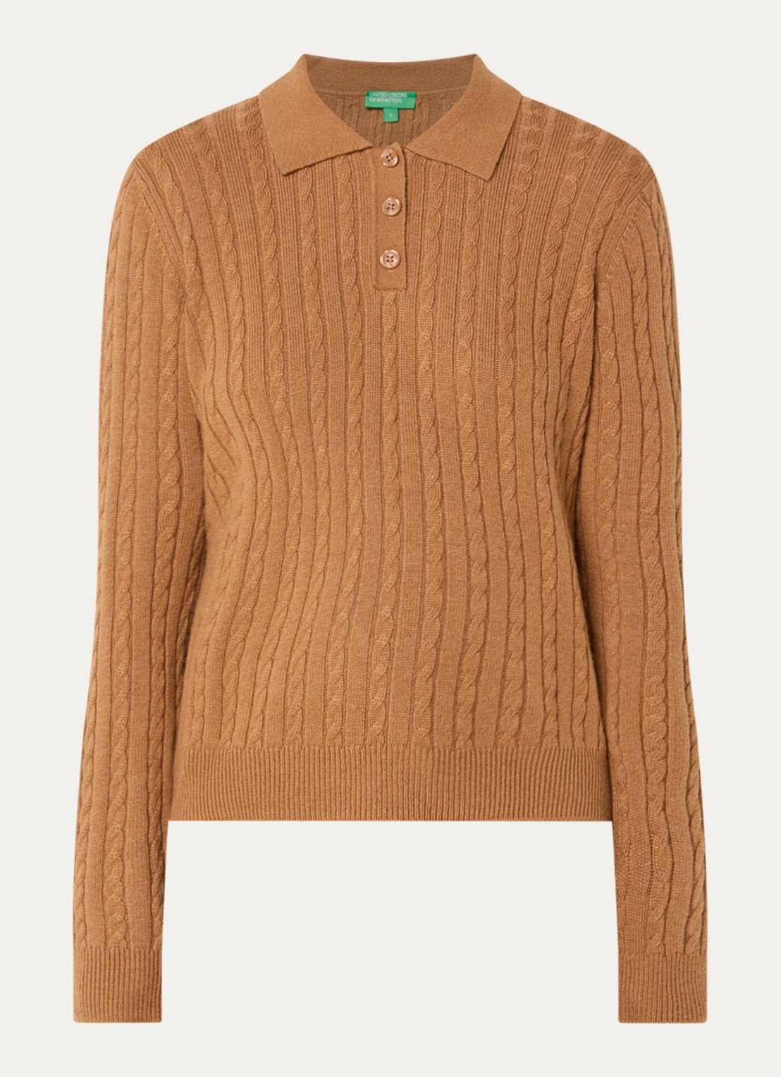 Benetton Kabelgebreide trui in kasjmier wolblend met polokraag - voorkant camel