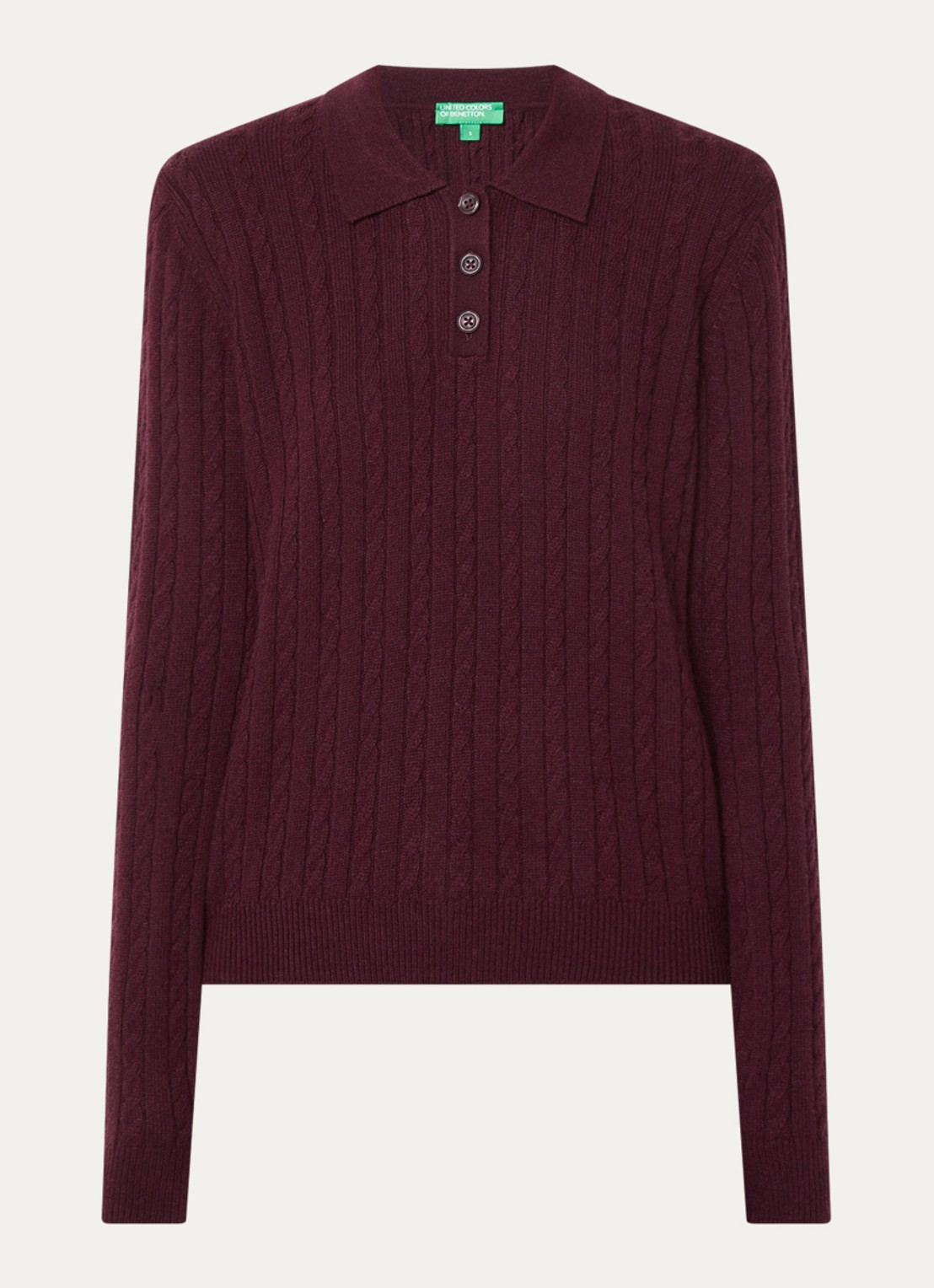 Benetton Kabelgebreide trui in kasjmier wolblend met polokraag - voorkant 3 aubergine