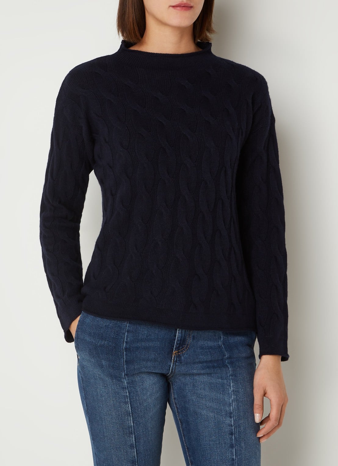 Benetton Kabelgebreide trui in kasjmierblend met opstaande kraag - detail donkerblauw