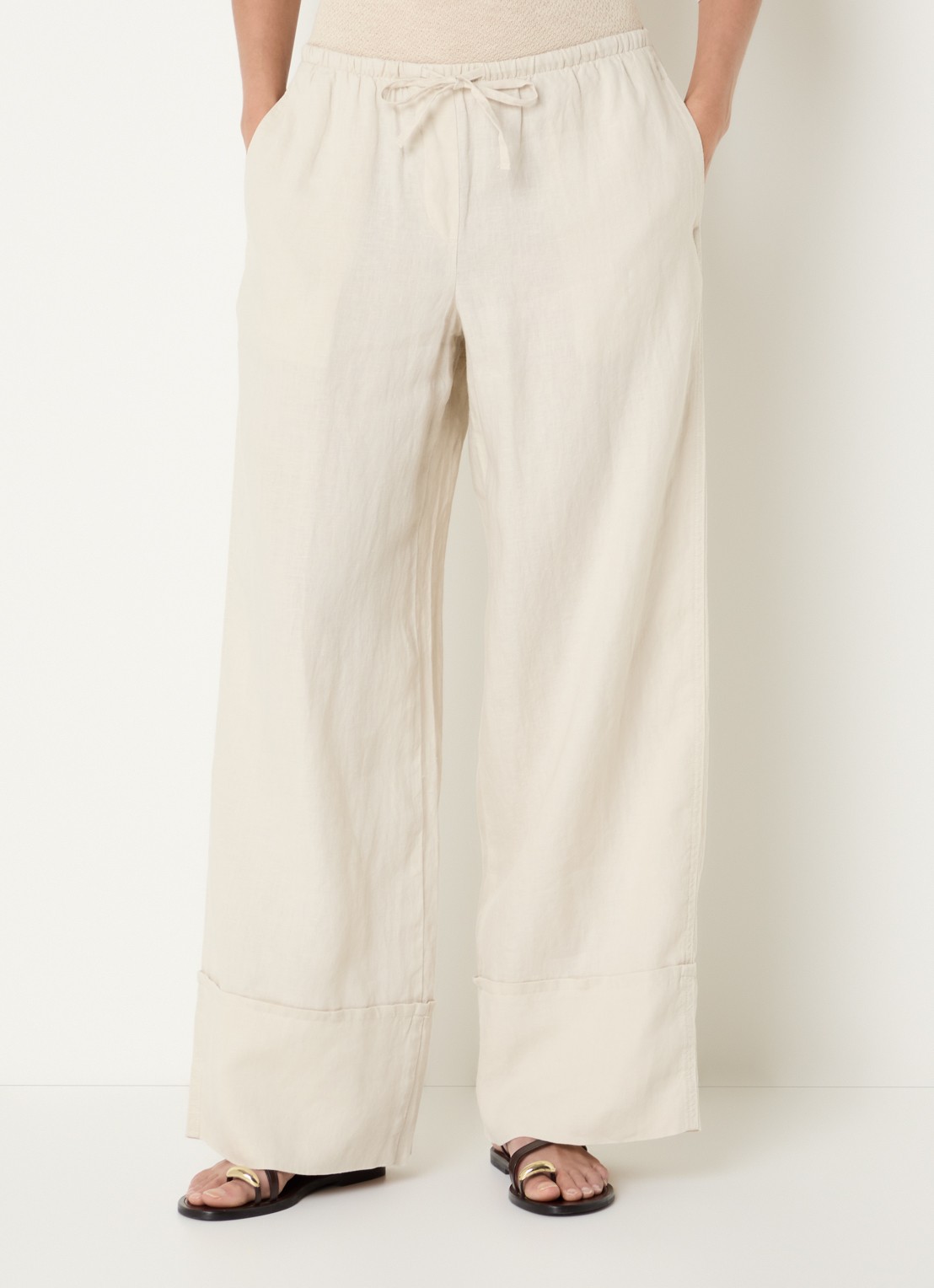 Benetton Low waist broek van linnen met steekzakken - detail 4 zand