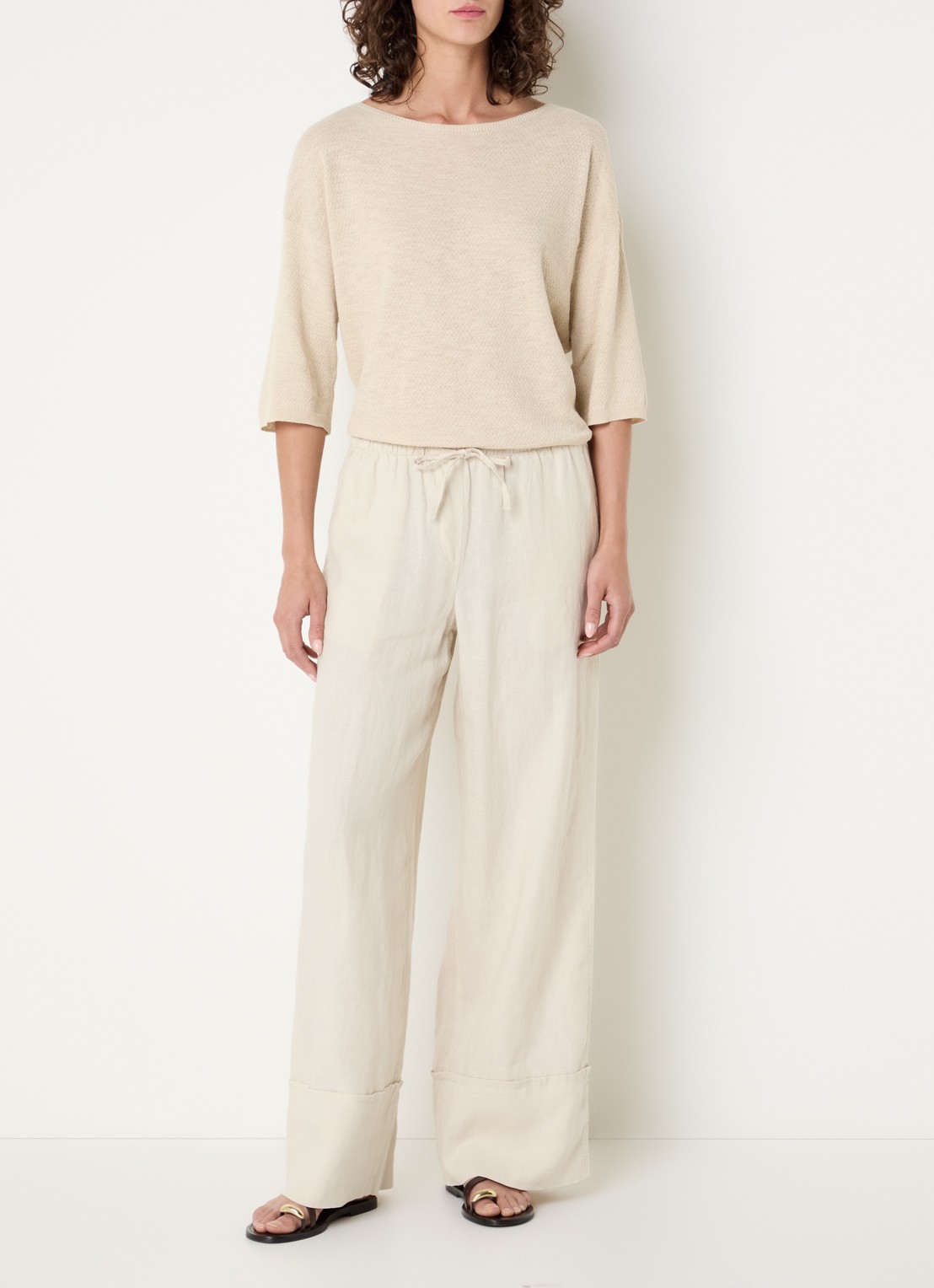Benetton Low waist broek van linnen met steekzakken - voorkant 3 zand