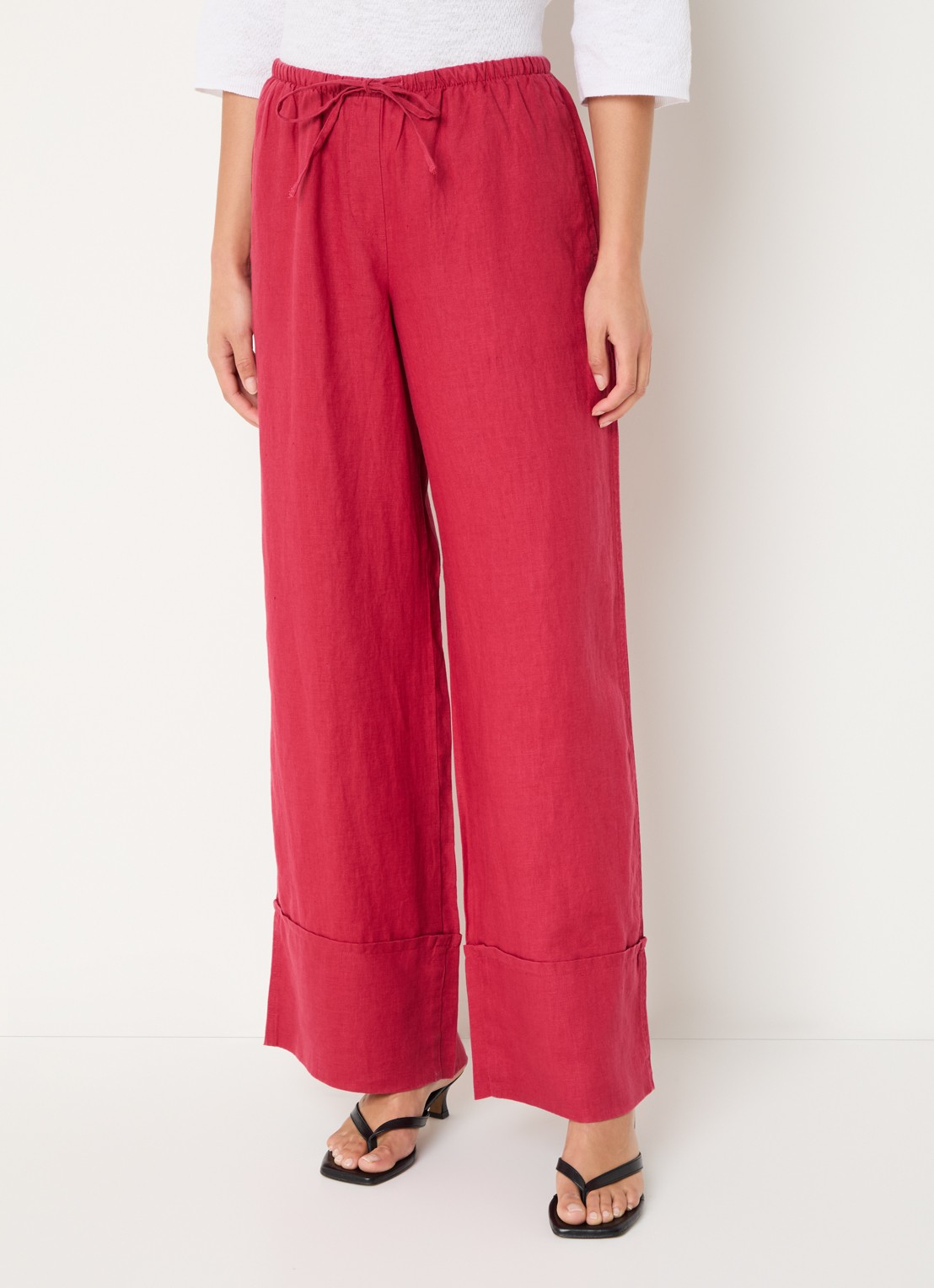 Benetton Low waist broek van linnen met steekzakken - detail 2 cranberryrood