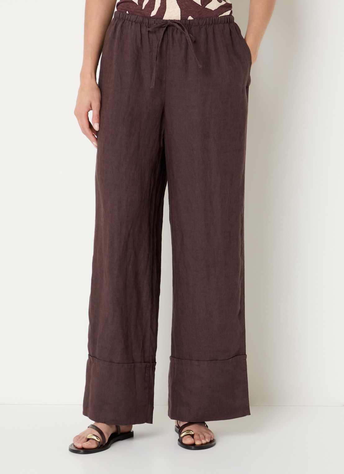 Benetton Low waist broek van linnen met steekzakken - detail donkerbruin