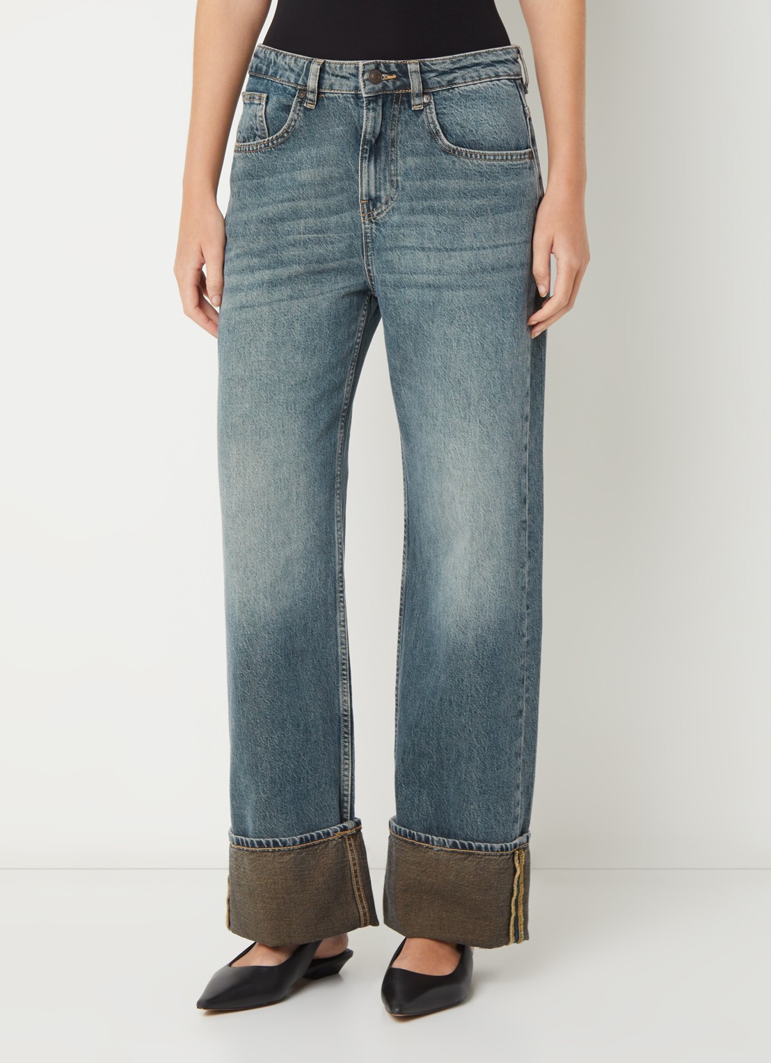 Benetton Mid waist straight fit jeans met medium wassing - detail 3 indigo