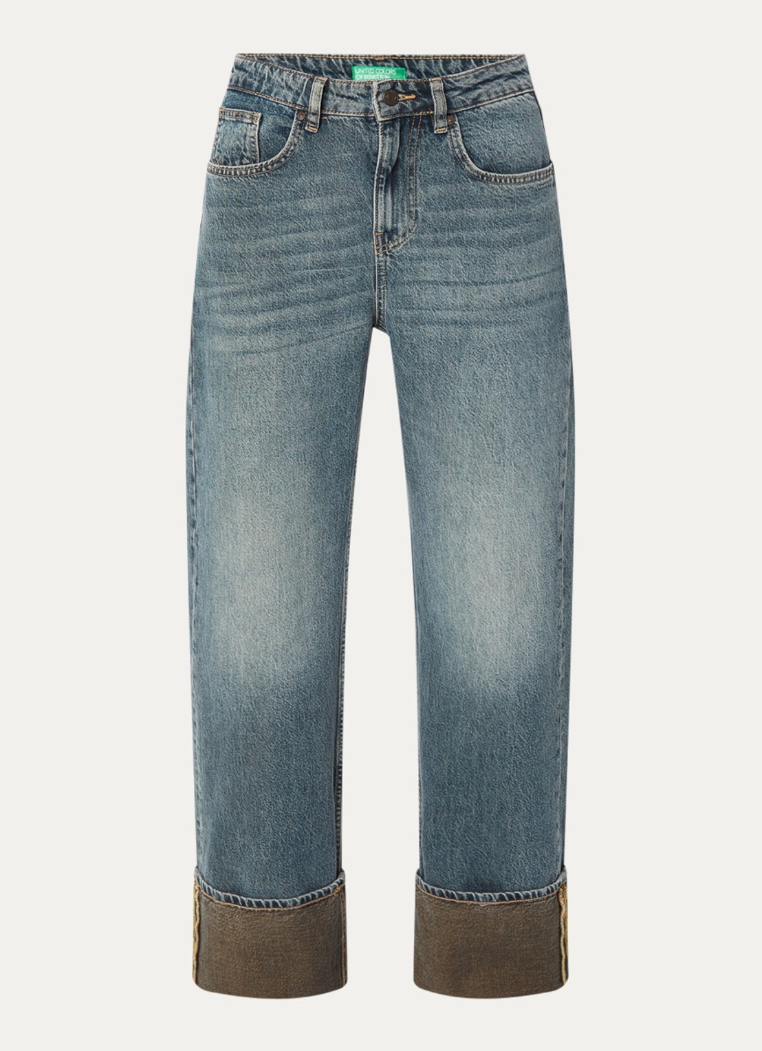Benetton Mid waist straight fit jeans met medium wassing - voorkant indigo