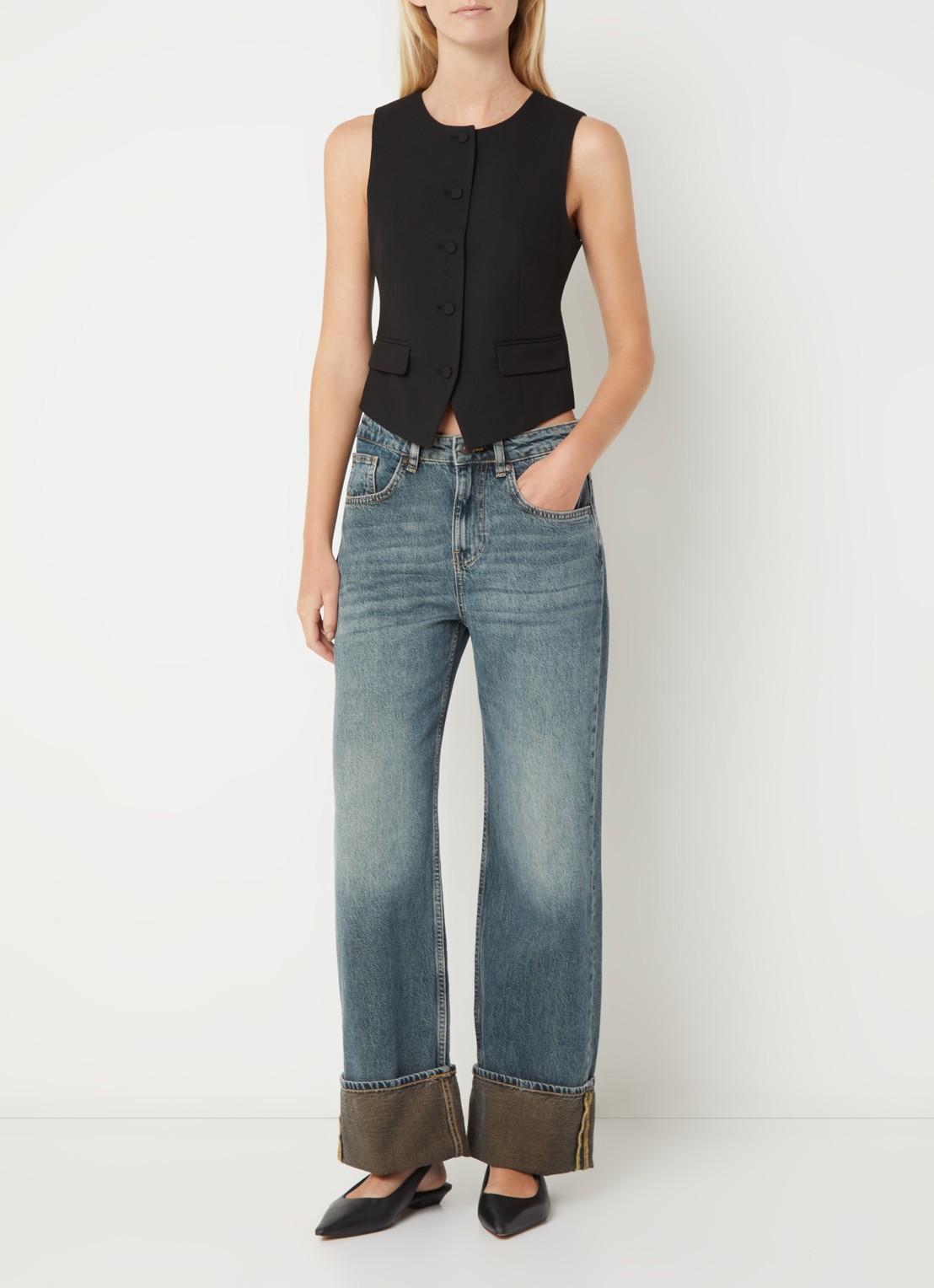 Benetton Mid waist straight fit jeans met medium wassing - voorkant 2 indigo