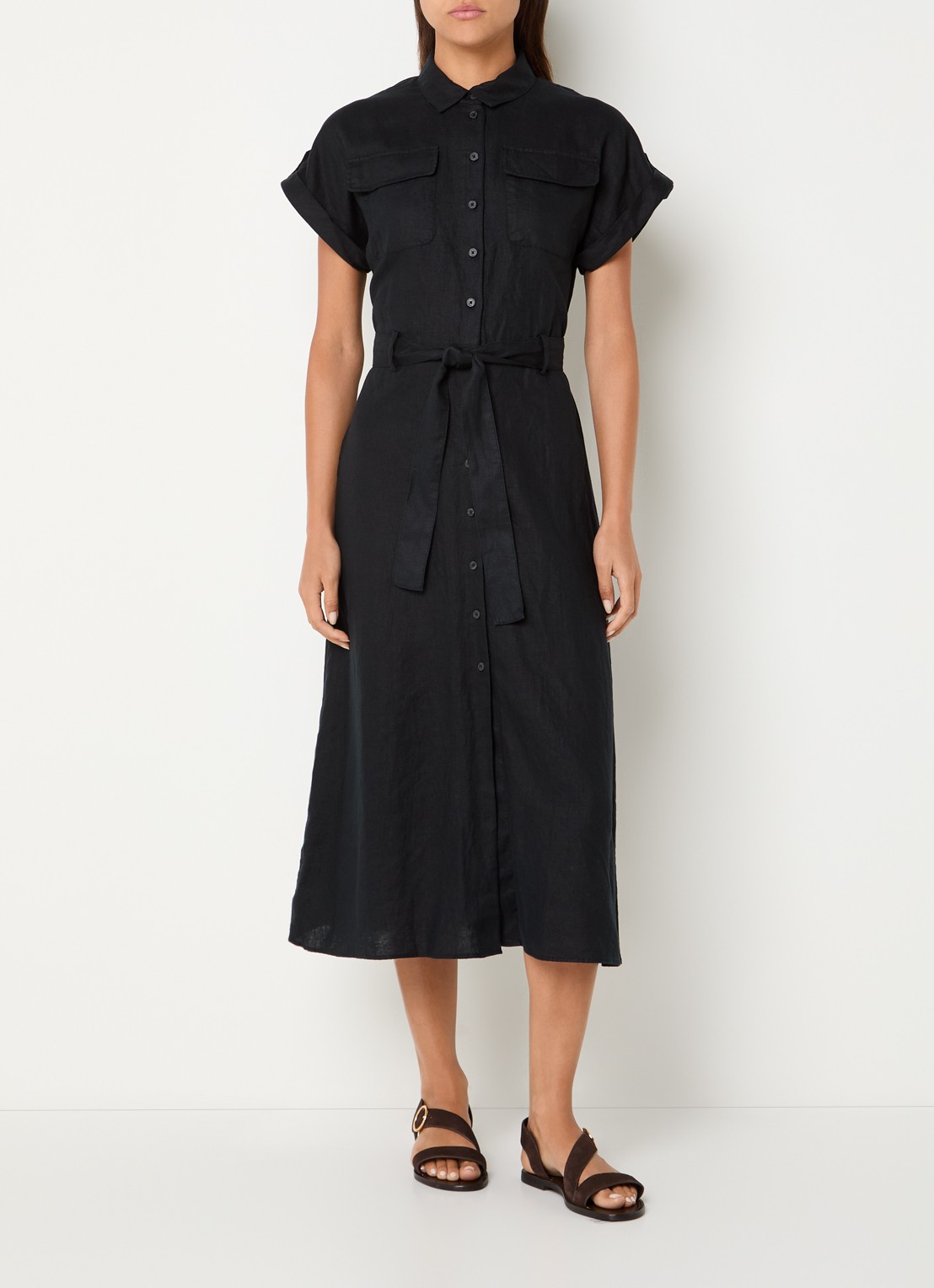 Benetton Midi blouse jurk van linnen met strikceintuur  - detail 2 zwart