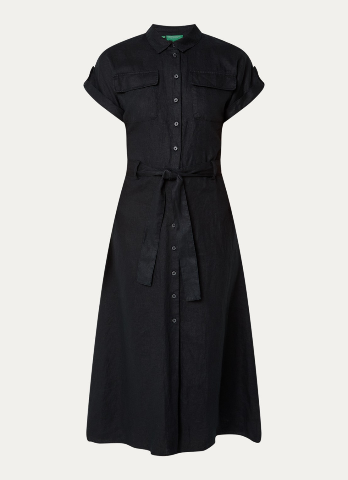 Benetton Midi blouse jurk van linnen met strikceintuur  - voorkant 3 zwart