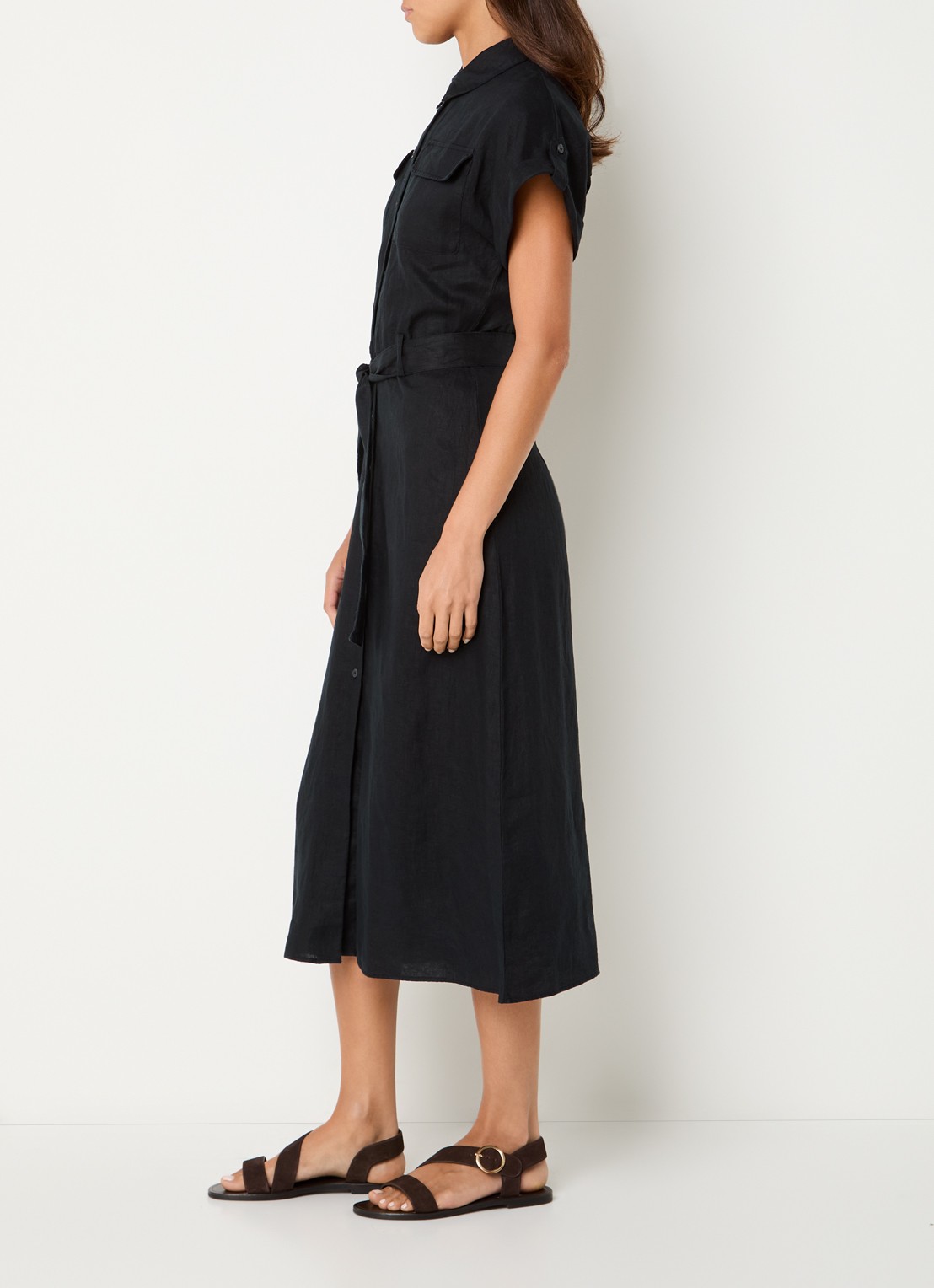 Benetton Midi blouse jurk van linnen met strikceintuur  - voorkant 4 zwart