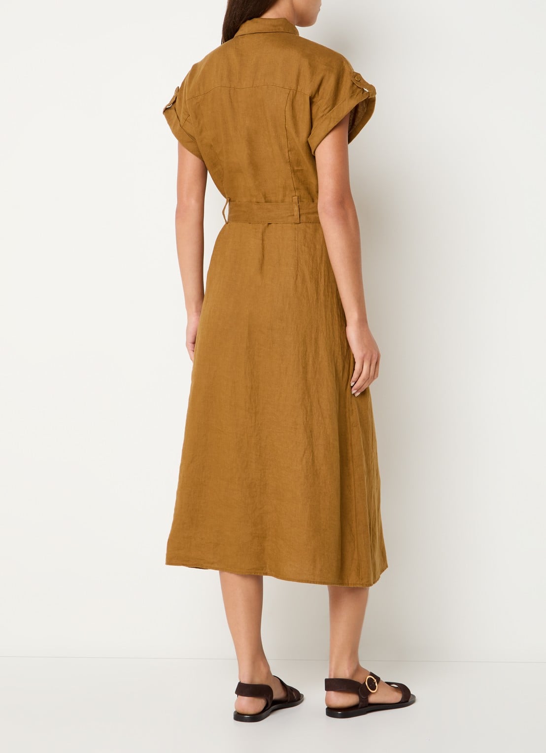 Benetton Midi blouse jurk van linnen met strikceintuur  - achterkant 4 camel