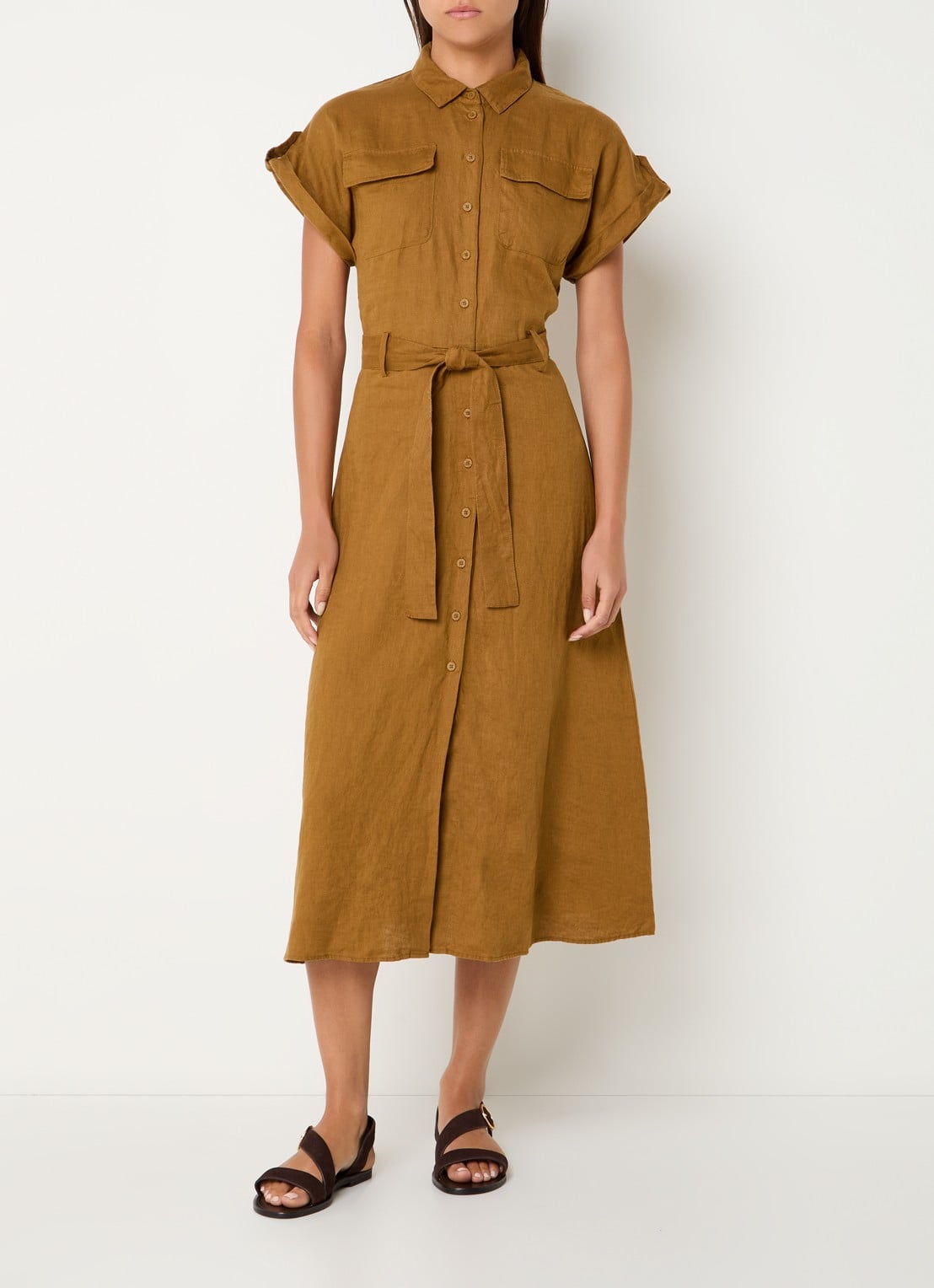 Benetton Midi blouse jurk van linnen met strikceintuur  - detail camel