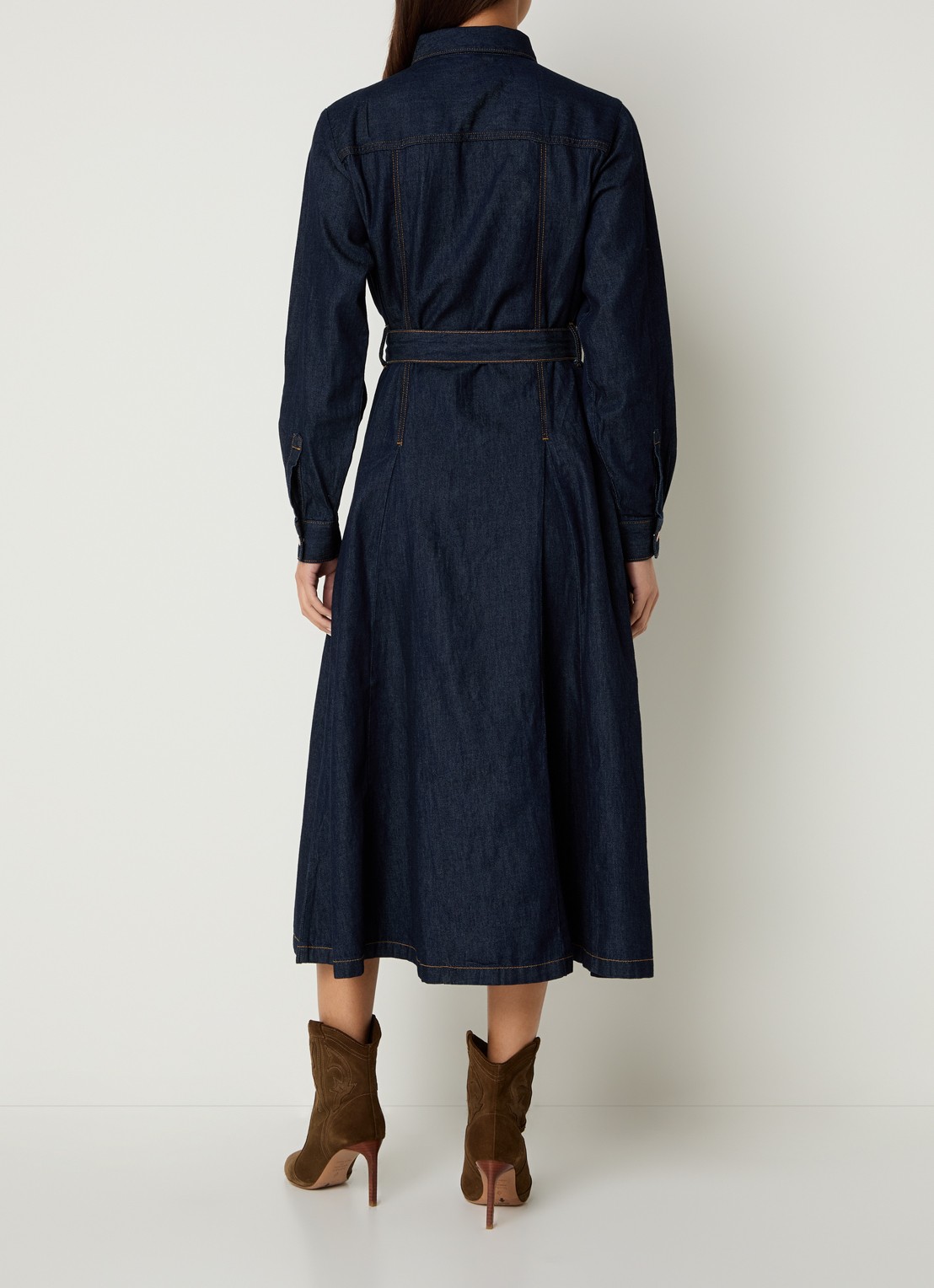 Benetton Midi blousejurk van denim met strikceintuur - achterkant 2 indigo