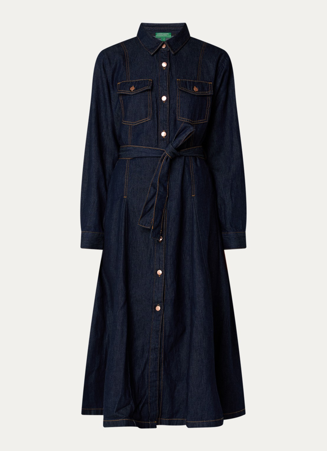 Benetton Midi blousejurk van denim met strikceintuur - voorkant 3 indigo